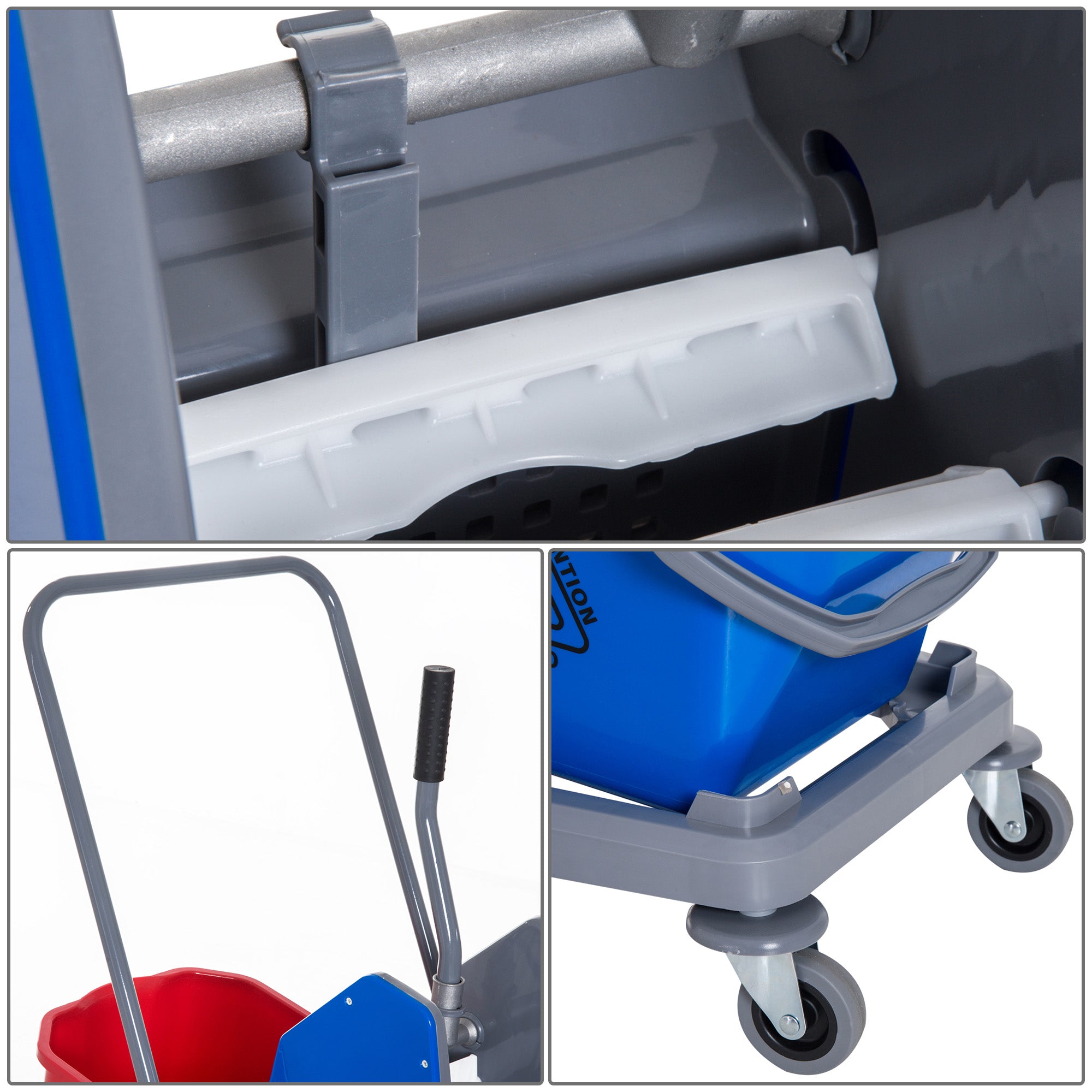HOMCOM Putzwagen Reinigungswagen Wischwagen mit 2 Eimern Systemwagen mit 4 leichtgängigen Rollen Metall+PP Blau+Rot 73 × 45 × 92 cm