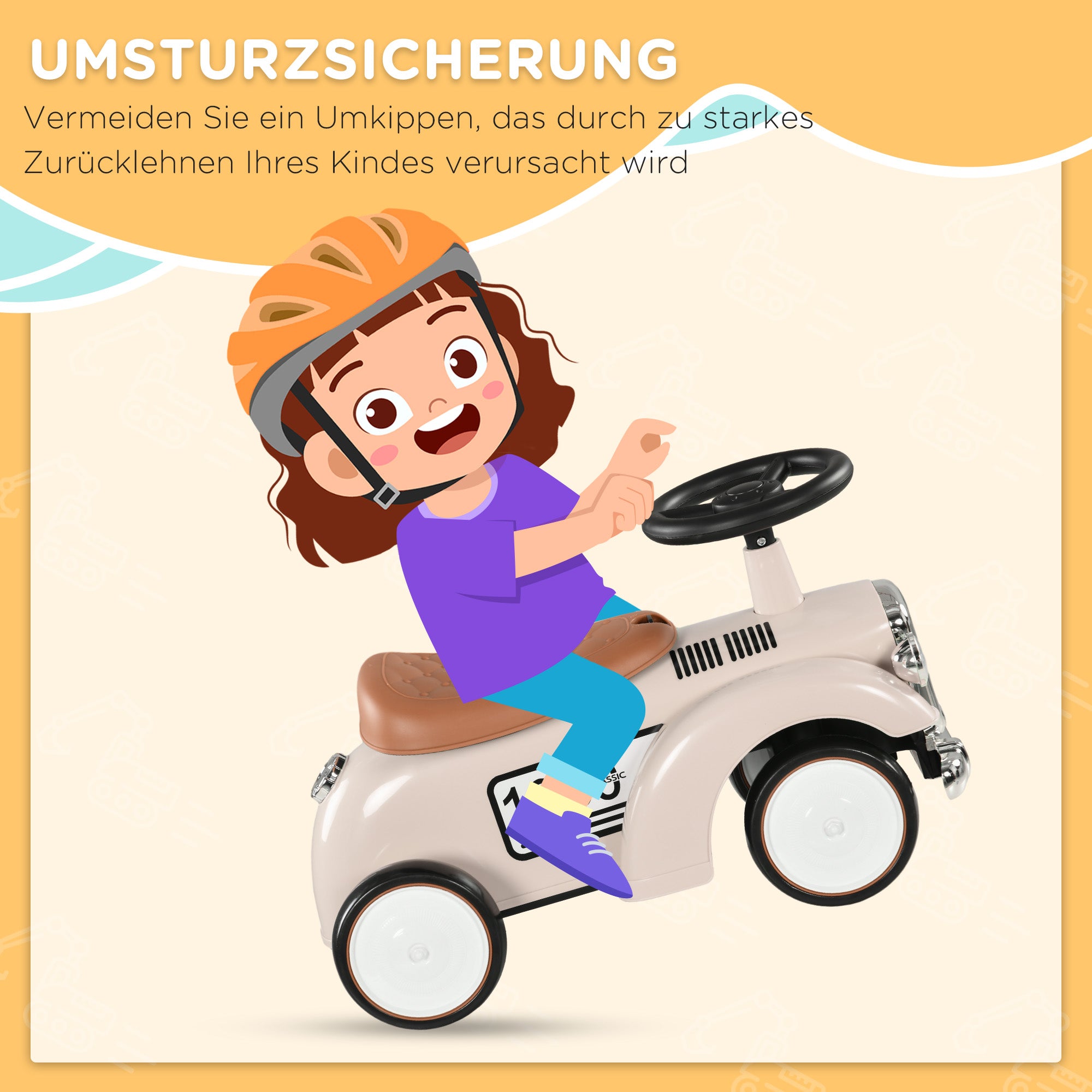 AIYAPLAY Kinder Rutschauto, Vintage-Design, versteckter Stauraum, Kippschutz, Hupe, 12-36 Monate, Cremeweiß