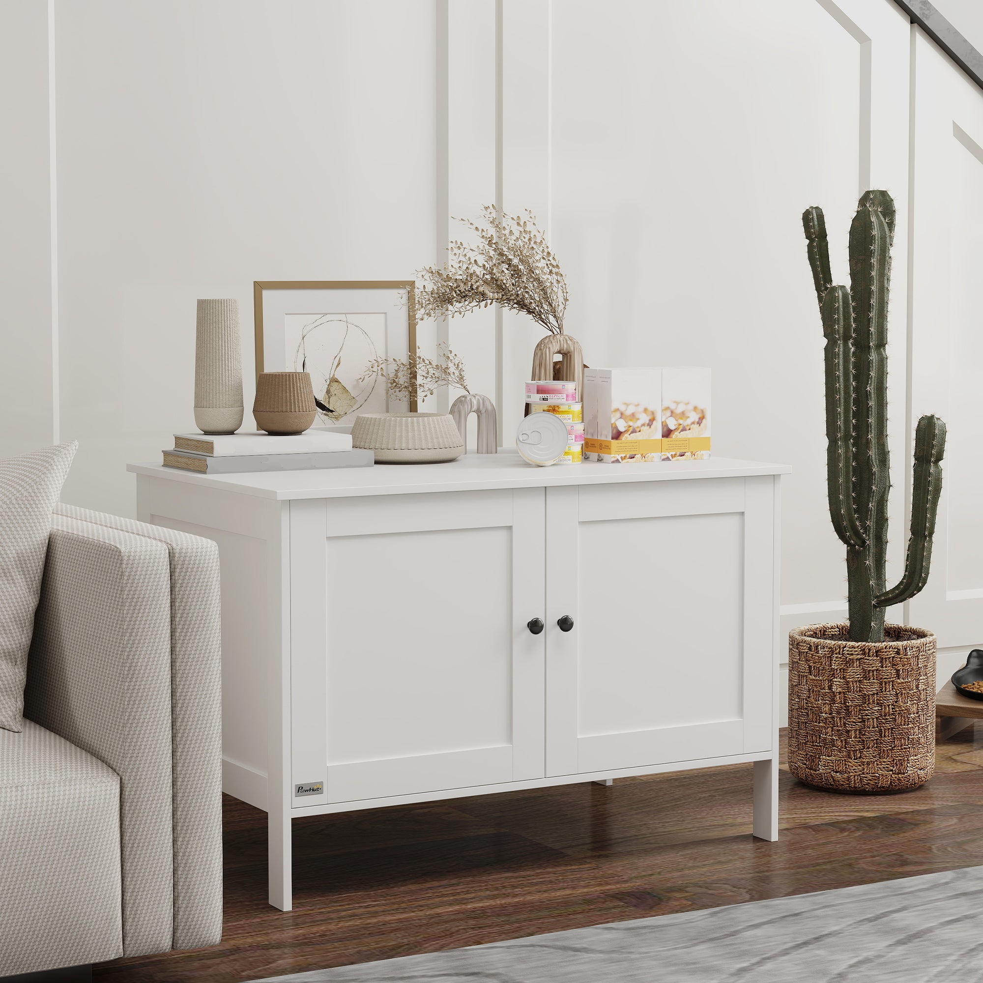 PawHut Katzenklo-Schrank Katzenhaus mit Tür Trennwand Katzentoilette für große Katzen 80 x 51 x 54 cm Weiß