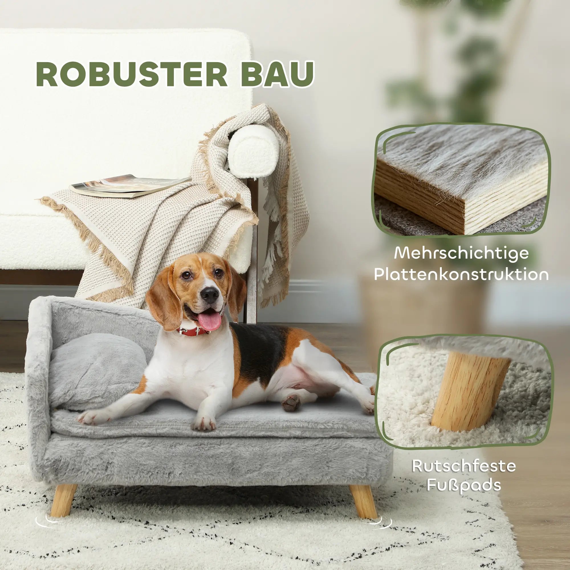 PawHut Hundesofa 80x50x40 cm hellgrau mit Holzbeinen