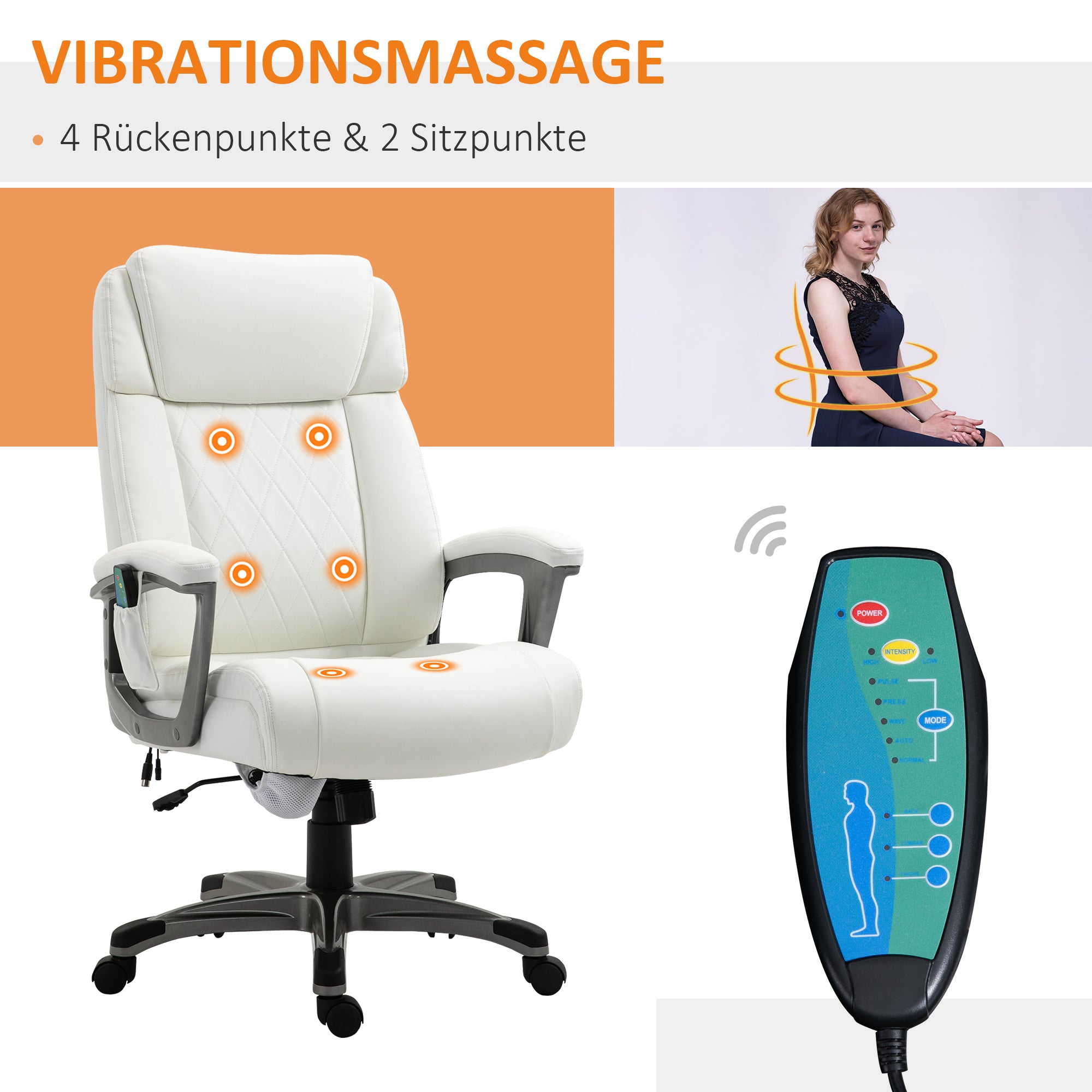 Vinsetto Massage-Bürostuhl 6-Punkt-Massage-Drehstuhl ergonomischer Stuhl Einstellbare aus Kunstleder mit gewölbter Kopfstütze und Armlehne Weiß 70 x 76,5 x 114-124 cm