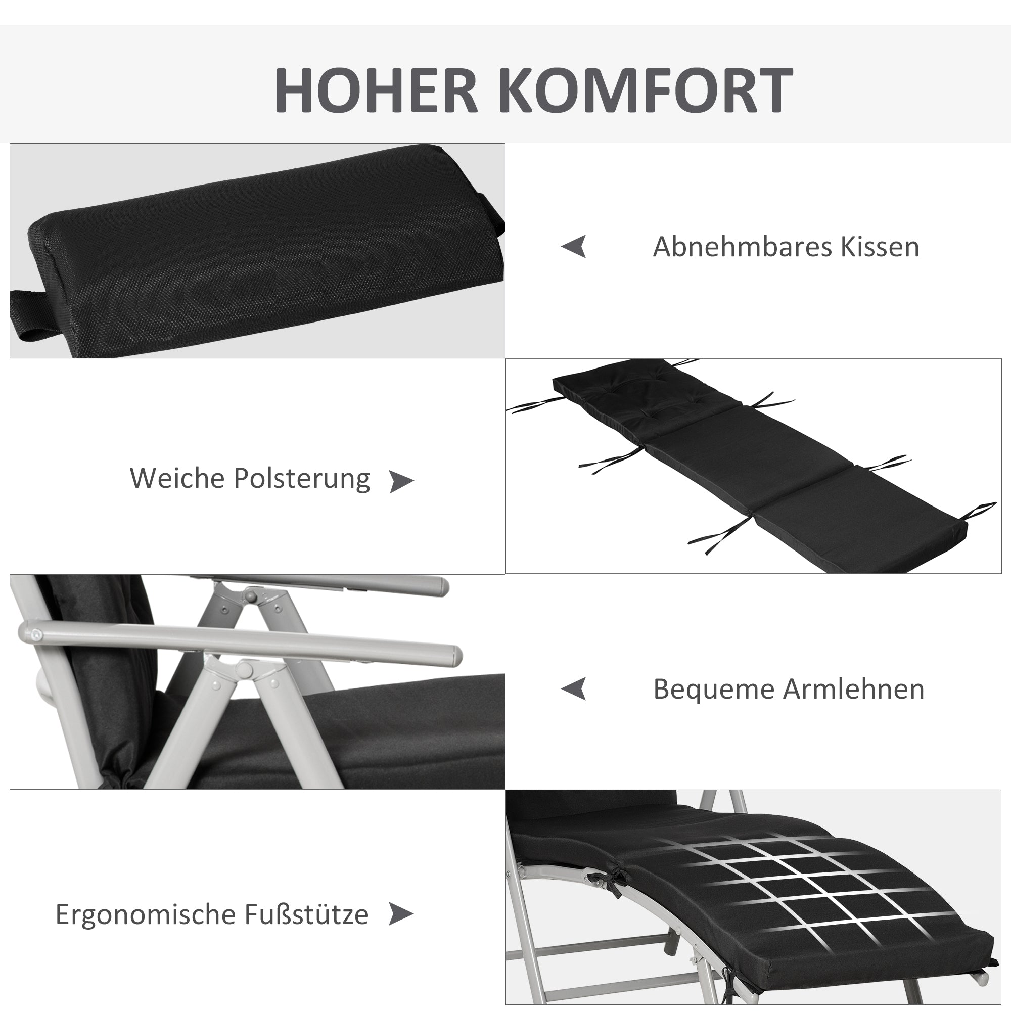 Outsunny Sonnenliege klappbar Strandliege mit Kopfkissen Sitzkissen Liegestuhl mit 7-Fach verstellbare Rückenlehne Gartenliege Relaxliege bis 165 kg belastbar, für Garten Urlaub Outdoor, Schwarz
