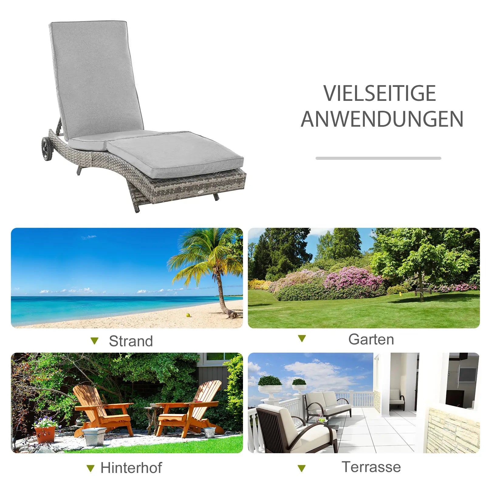 Outsunny Sonnenliege Polyrattan verstellbar mit Rollen grau