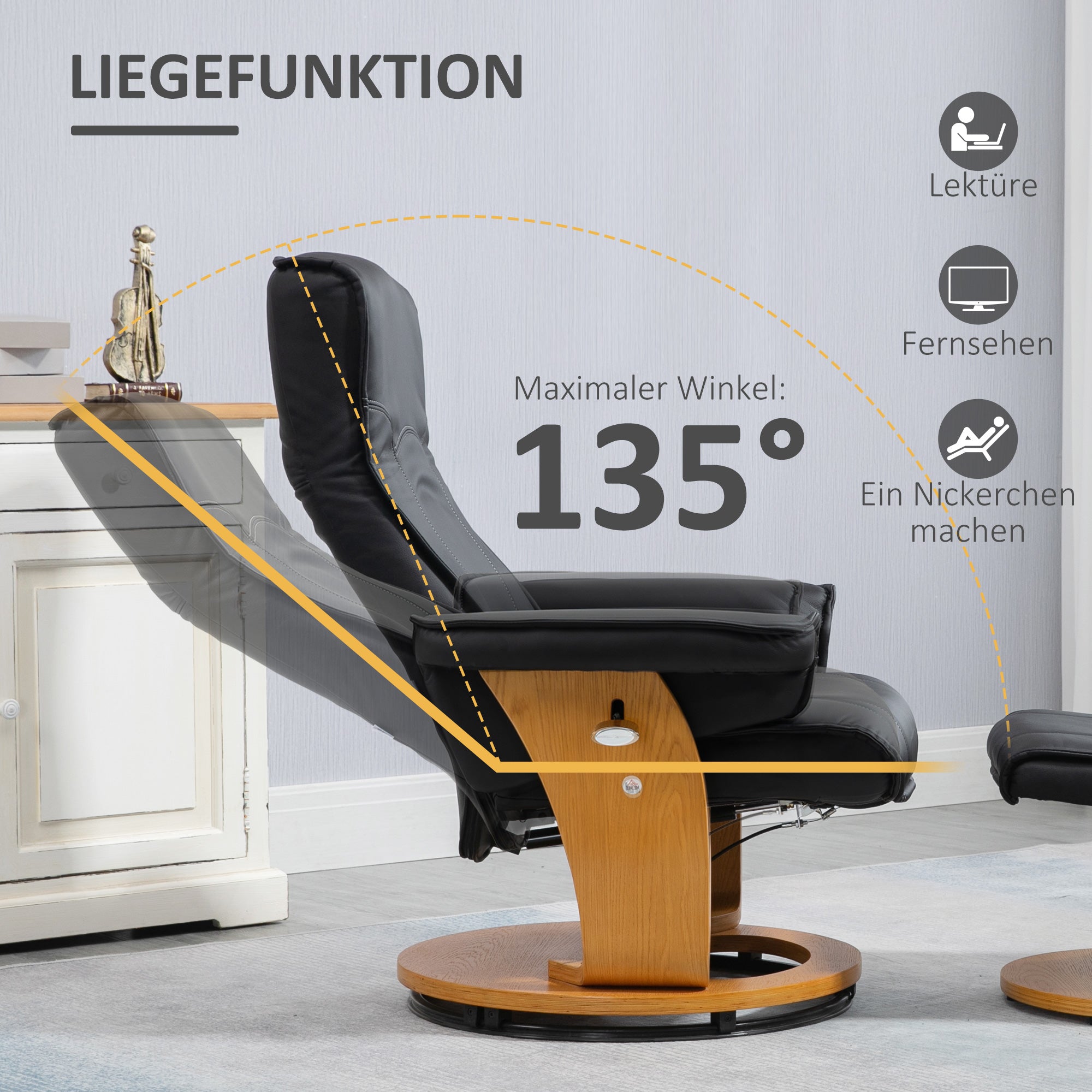 HOMCOM Relaxsessel mit Fußhocker, TV-Sessel, Liegesessel, verstellbare Rückenlehne, 360° drehbar, Schwarz + Braun