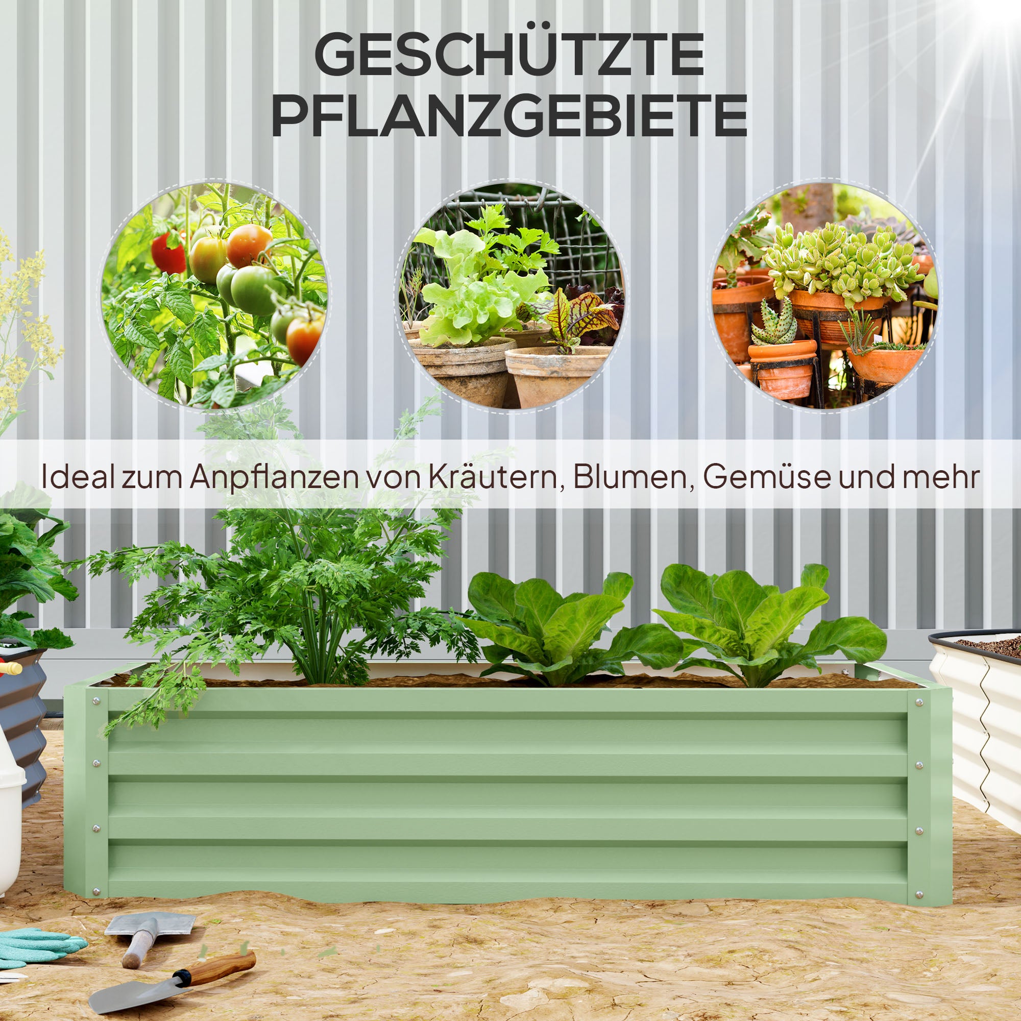Outsunny Hochbeet Pflanzkasten, wetterbeständig, offener Boden, verzinkter Stahl, 120 cm x 60 cm x 30,5 cm, Grün