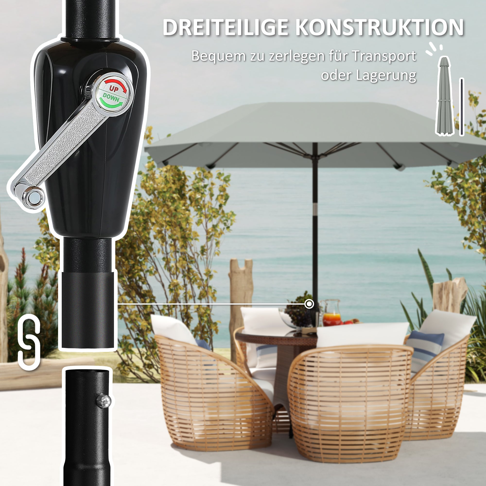 Outsunny 2,3 m Sonnenschirm ohne Basis, Verstellbarer Terrassenschirm mit Kurbel, Polyester, Aluminium, Fiberglas, Dunkelgrau