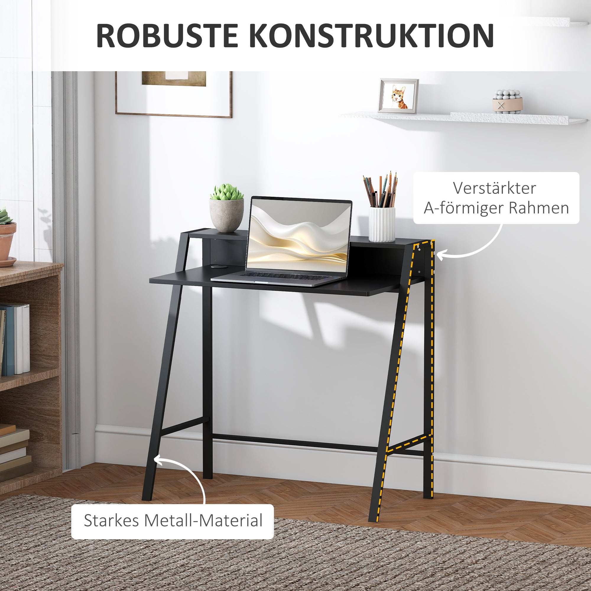 HOMCOM Schreibtisch, Computertisch mit Ablage und Kabel Management, moderner Schreibtisch mit Metallgestell für Arbeitszimmer, Schlafzimmer, Home Office, 84 x 45 x 85 cm, Schwarz