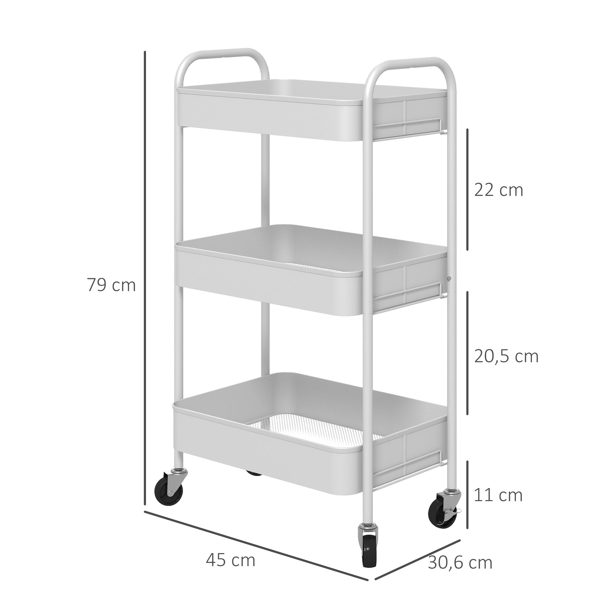 HOMCOM Mehrzweckwagen Rollwagen Küchenwagen, 3 Regale, 4 Rollen, 45 cm x 30,6 cm x 79 cm, Weiß