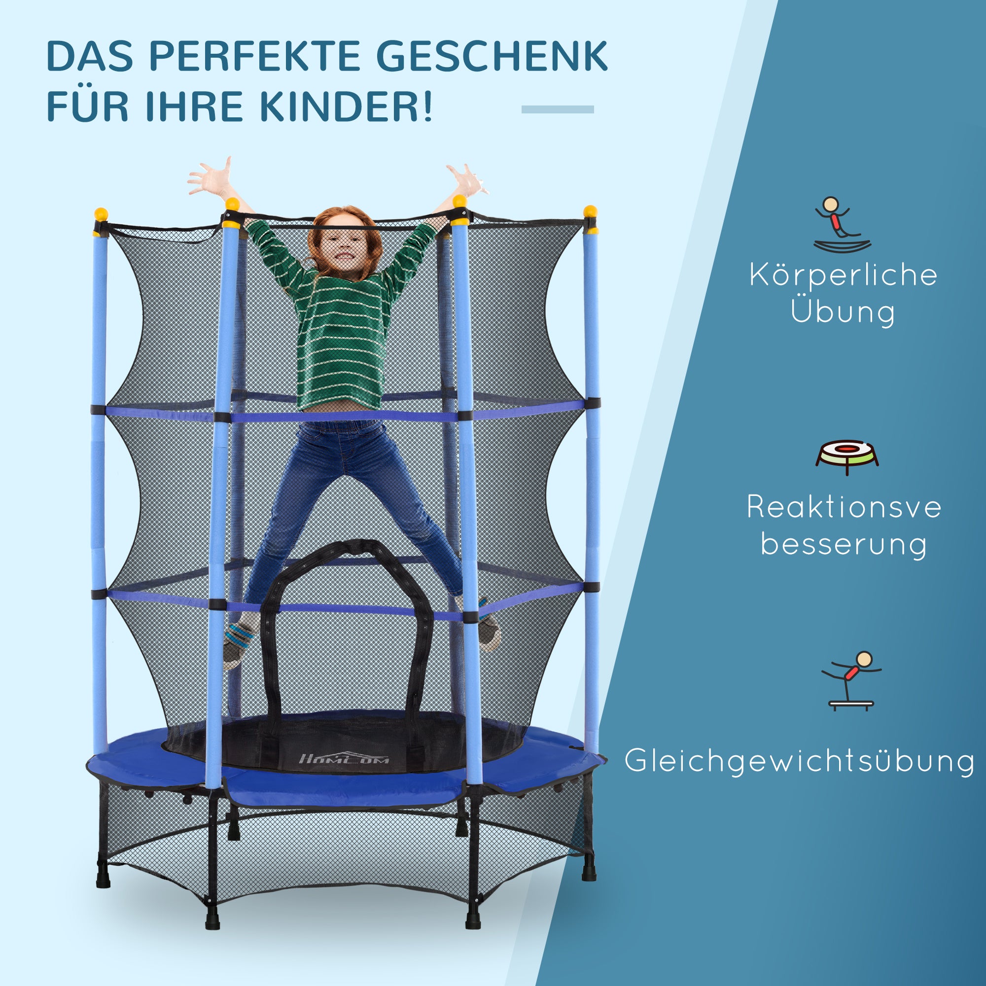 HOMCOM Trampolin für Kinder, Ø140 cm, mit Sicherheitsnetz, für innen und außen, Stahl, Kunststoff, belastbar bis 50 kg, Blau