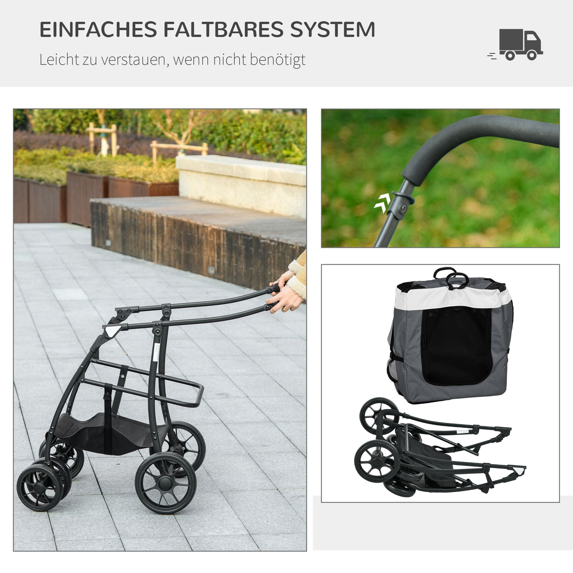 PawHut Hundbuggy Haustierbuggy bis 10kg klappbar abnehmbarer Korb 81 x 58 x 97,5 cm Schwarz + Grau + Weiß