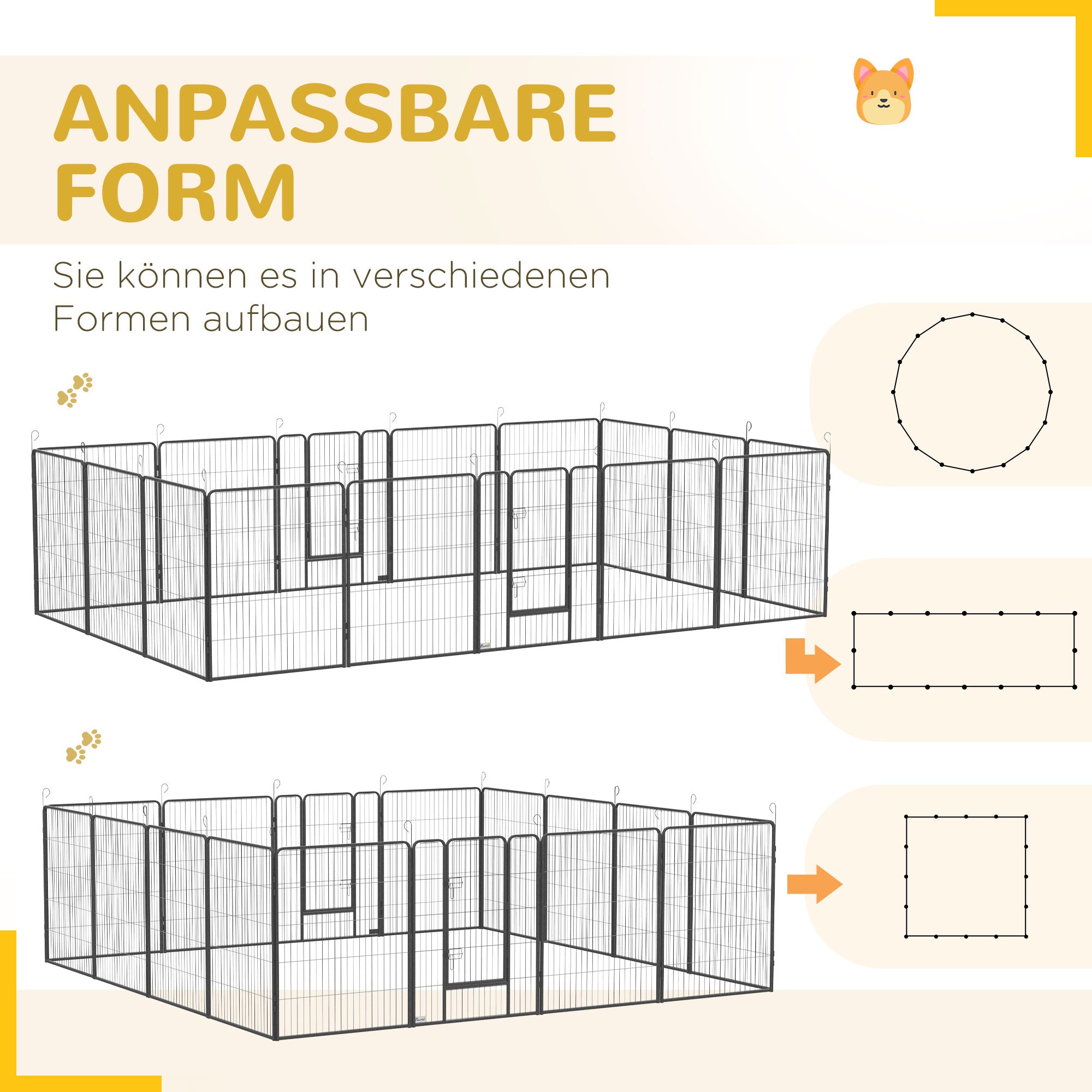 PawHut Welpenauslauf, modulares Design, 16 Elemente, 2 Türen, wetterfest, Stahl, 3,2 x 3,2 x 1 m, grau