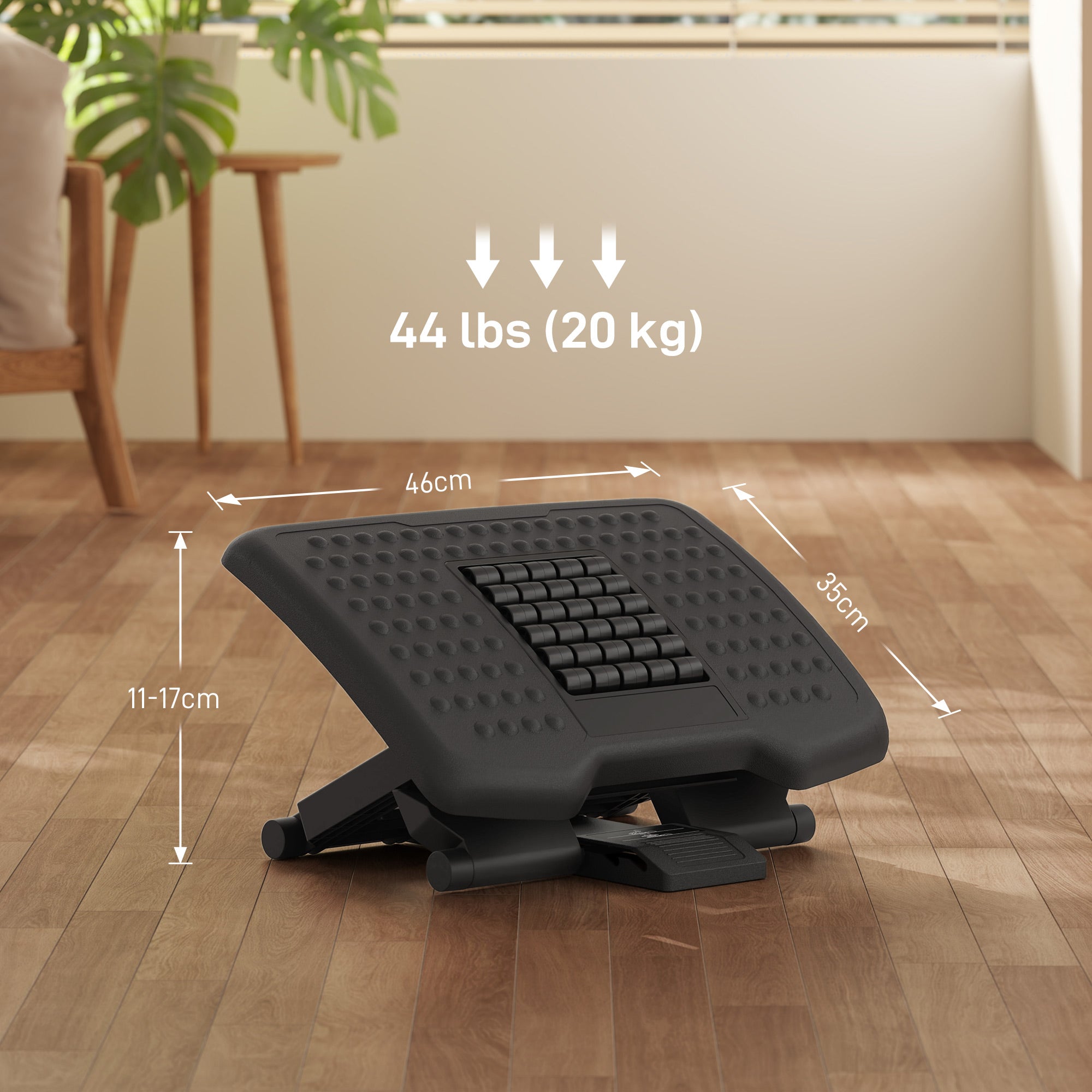 HOMCOM Ergonomische Fußstütze, höhenverstellbar, Massagefläche mit Rollen, Schwarz, 46 x 35 cm