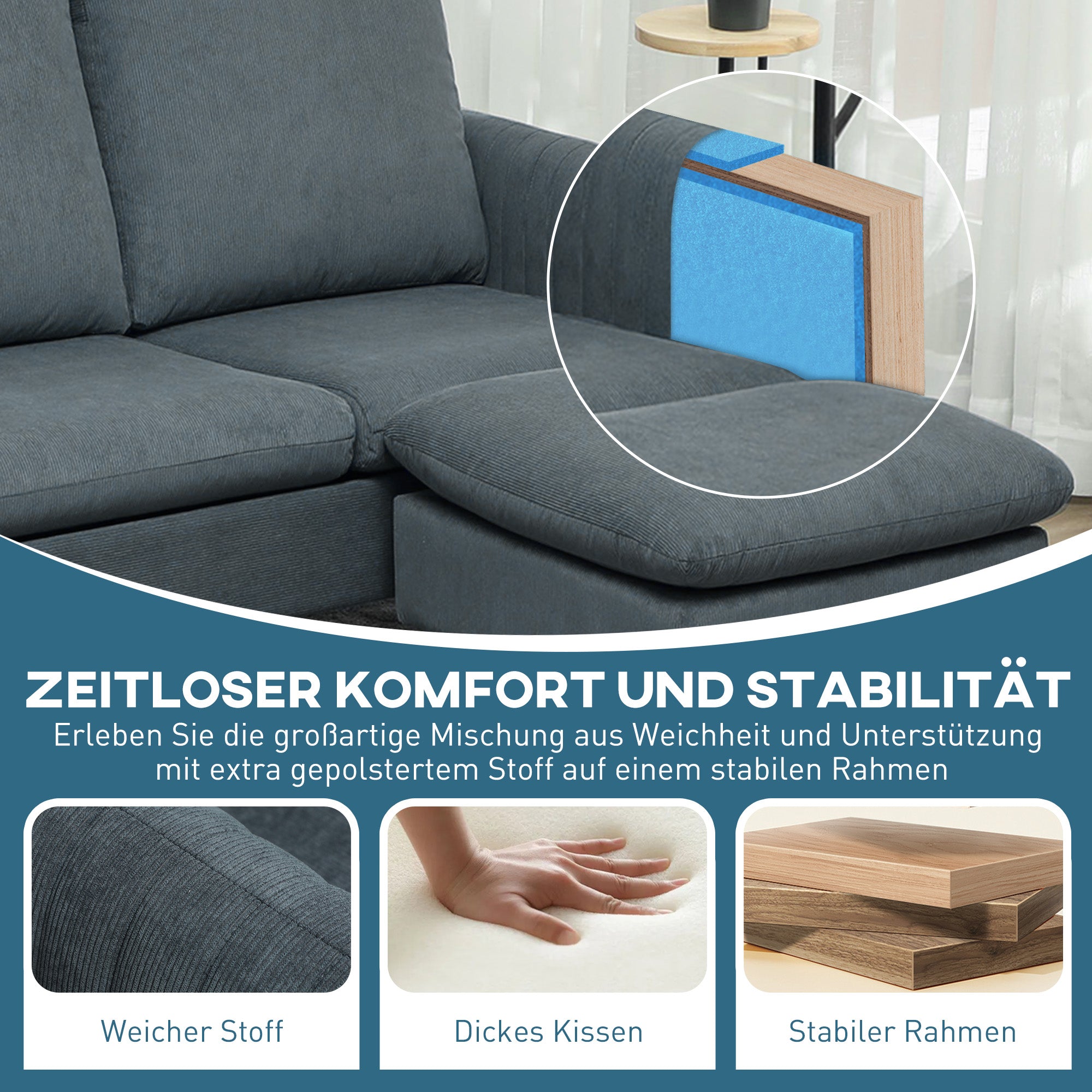 HOMCOM Ecksofa, 3-Sitzer-Sofa mit Fußhocker, Stoffbezug, L-förmiges Couch-Set, Dunkelgrau