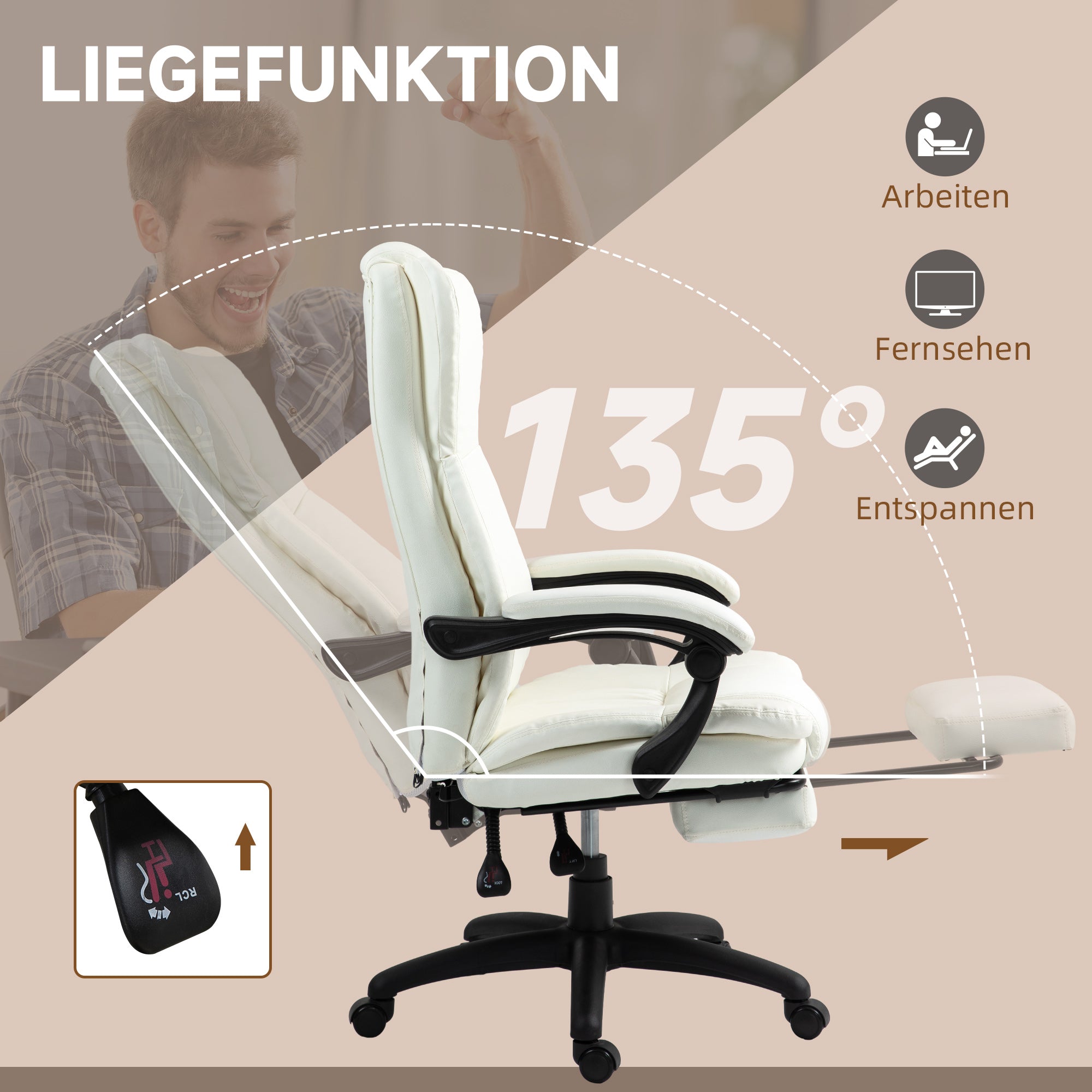 Vinsetto Verstellbarer Drehstuhl mit Fußstütze, Kopfstütze, Massagefunktion, Kunstleder, 68,5x68,5x113-121cm, Cremeweiß