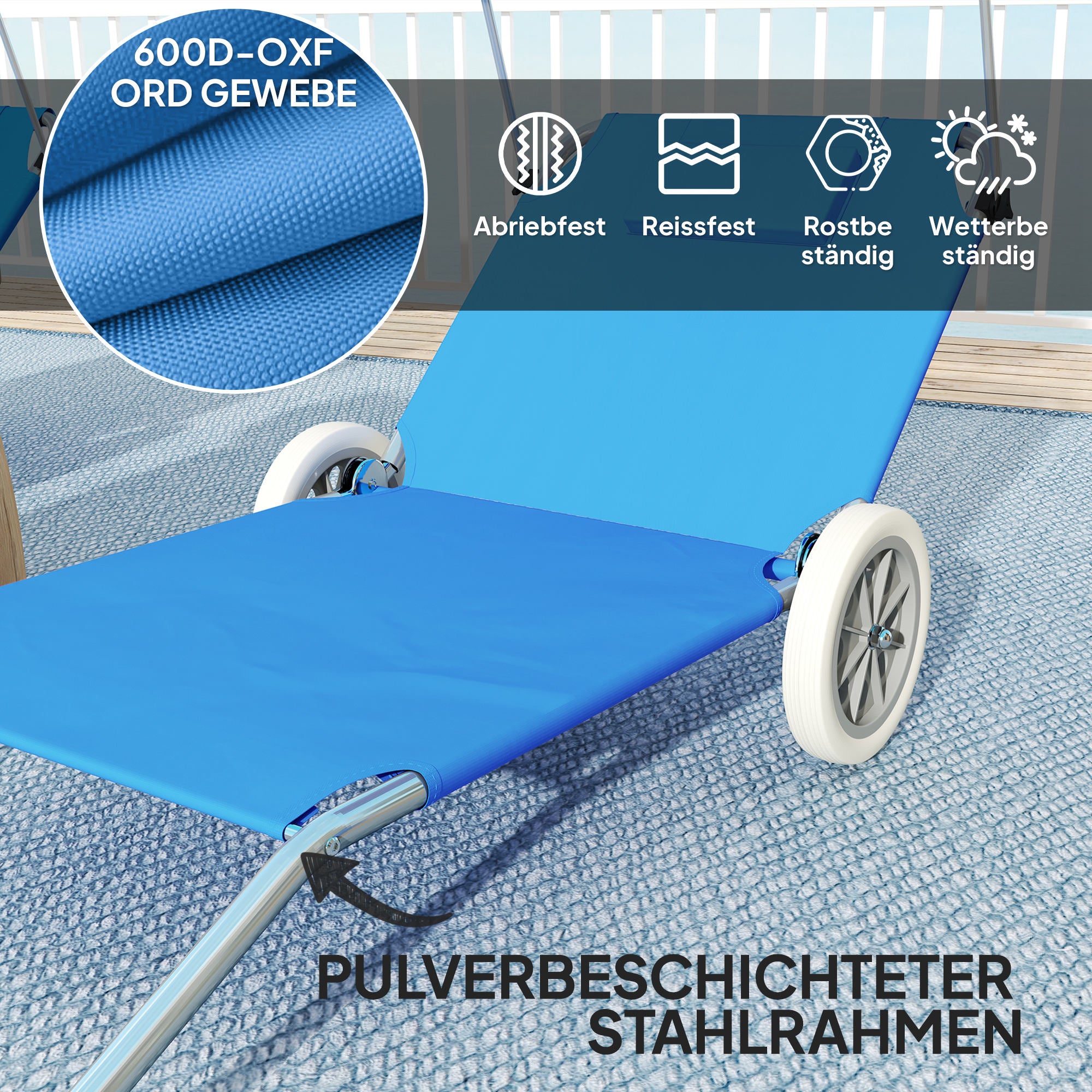 Outsunny Sonnenliege klappbar Gartenliege mit Kopfkissen Dach, Rolle Liegestuhl mit verstellbare Rückenlehne Blau