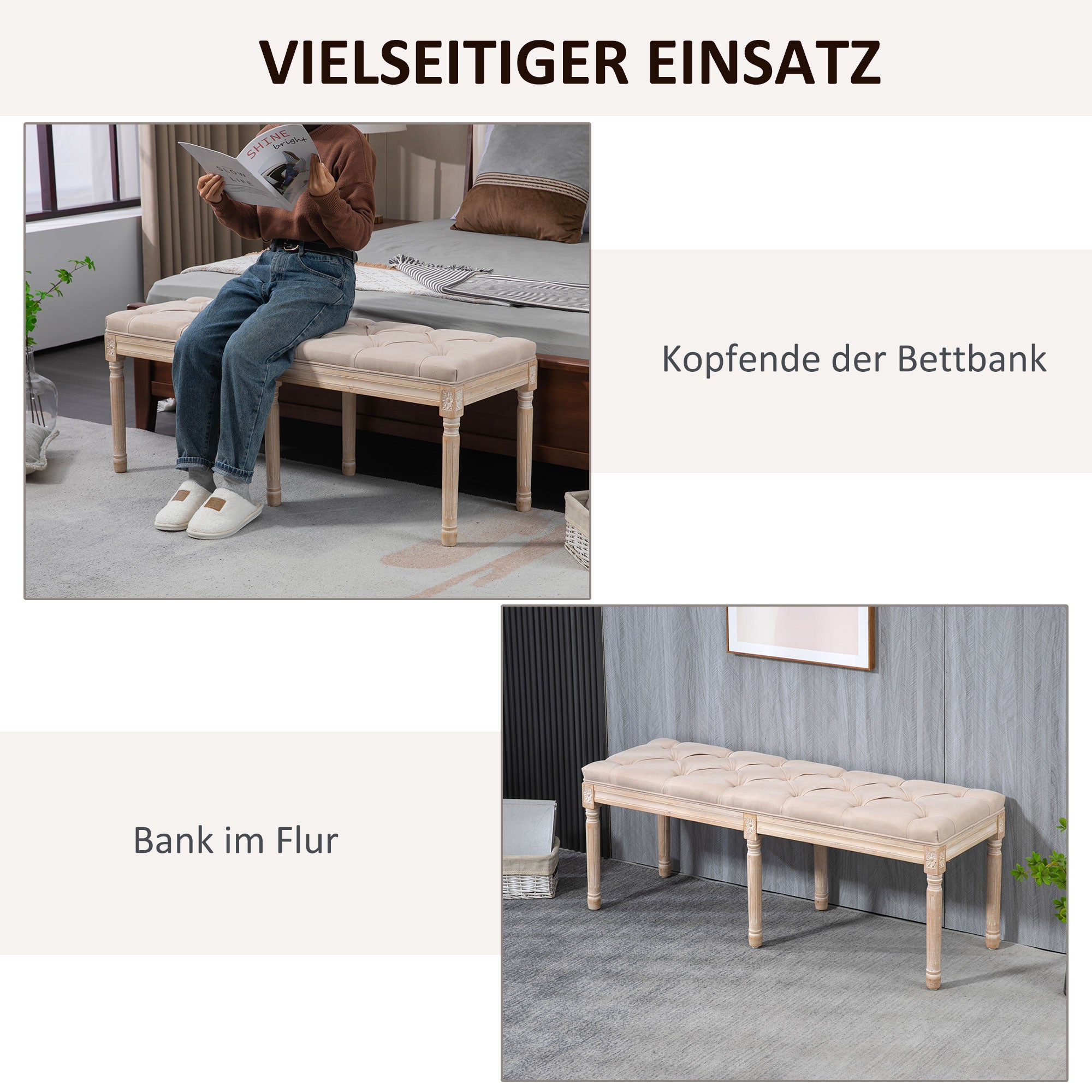 HOMCOM Sitzbank Vintagedesign Vintagebank, Knopfheftung, gedrechselte Beine, Shabby Chic, Creme + Weiß
