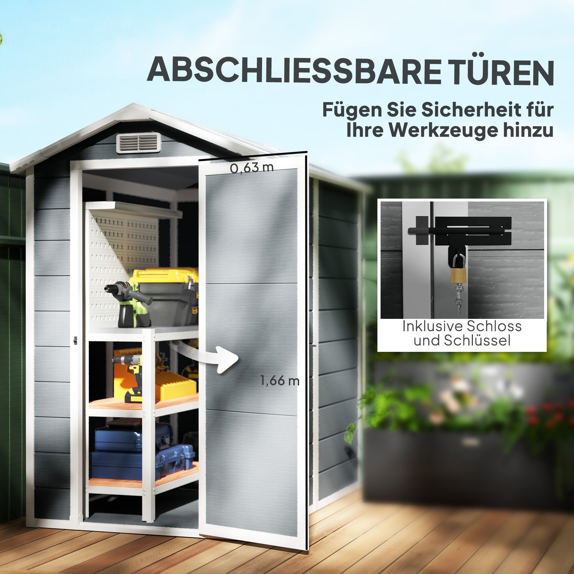 Outsunny Gartenschuppen, Kunststoff-Gartenhaus mit Boden, Fenster, verschließbare Türen, für Garten, 131B x 186T x 198H cm, Grau