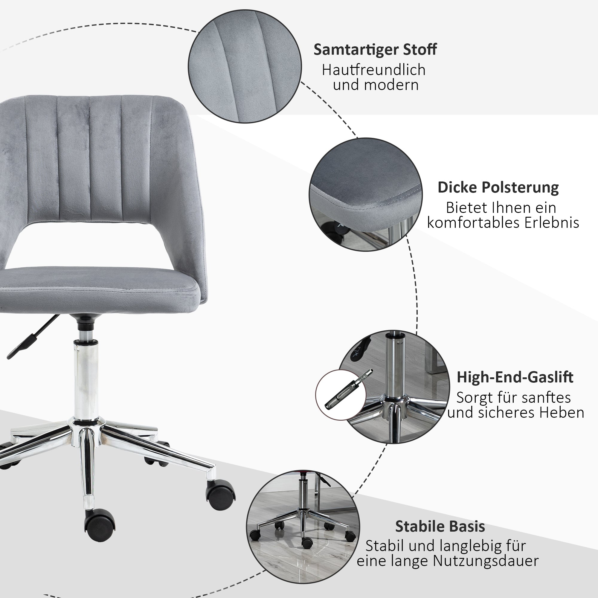 Vinsetto Höhenverstellbarer Schreibtischstuhl mit Rollen, 360° drehbar, Jakobsmuschel-Form, Schaumstoff, 49 x 60 x 79-91 cm, Dunkelgrau