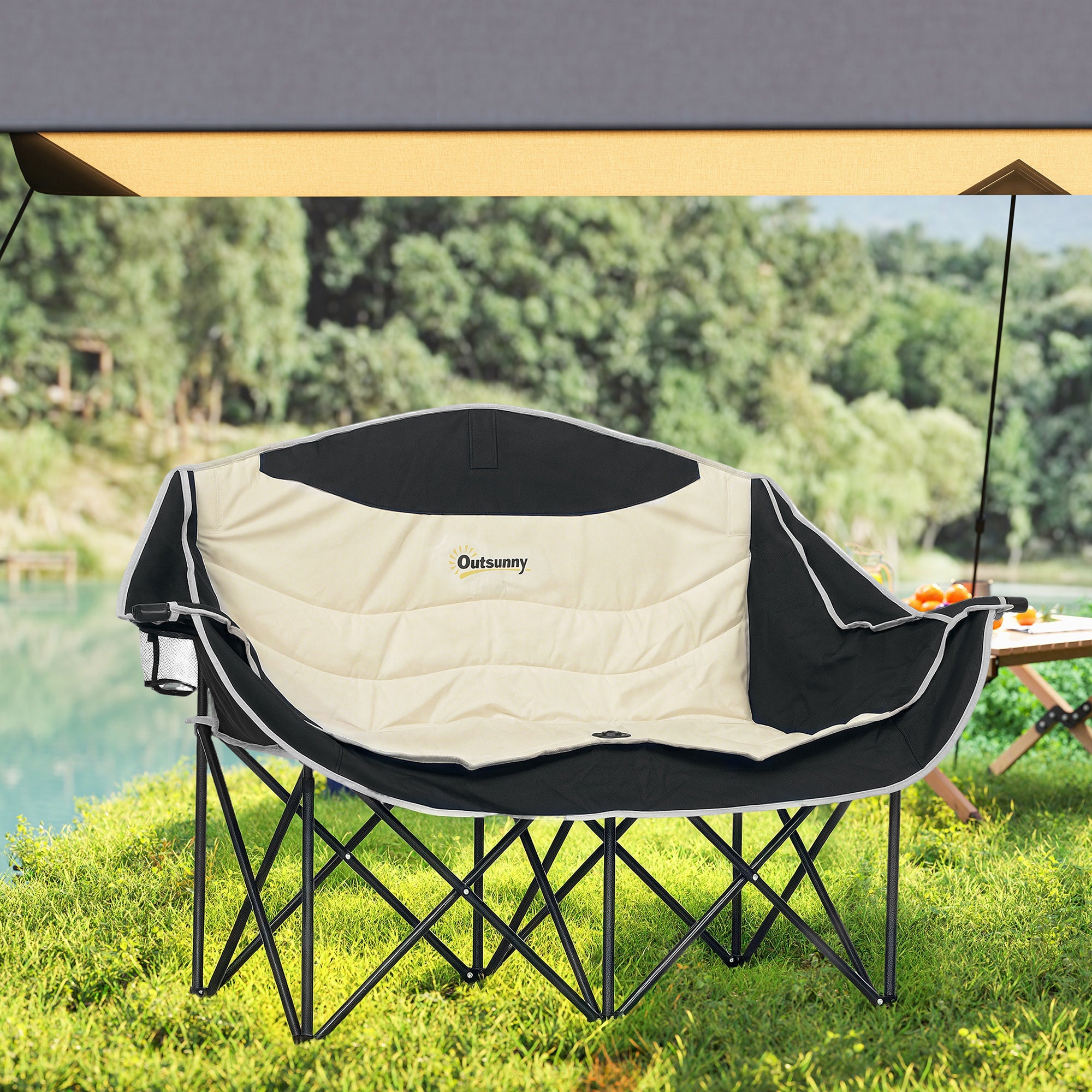 Outsunny Faltstuhl faltbar 2 Sitzer Campingstuhl mit Getränkehalter Tragetasche bis 250kg belastbar Khaki