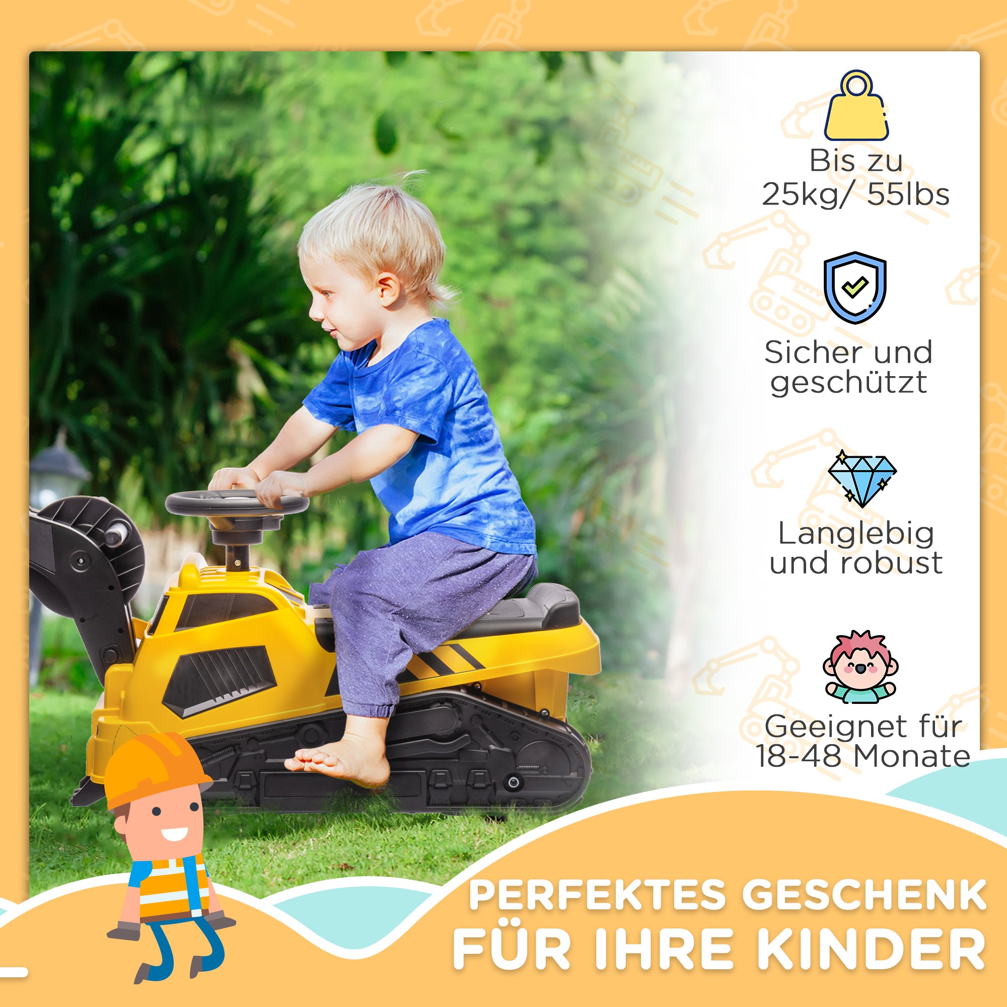 HOMCOM 3-in-1 Kinderrutscher Kinder-Bagger, Musikfunktion, Anti-Kipp-Schutz, Schwarz +Gelb