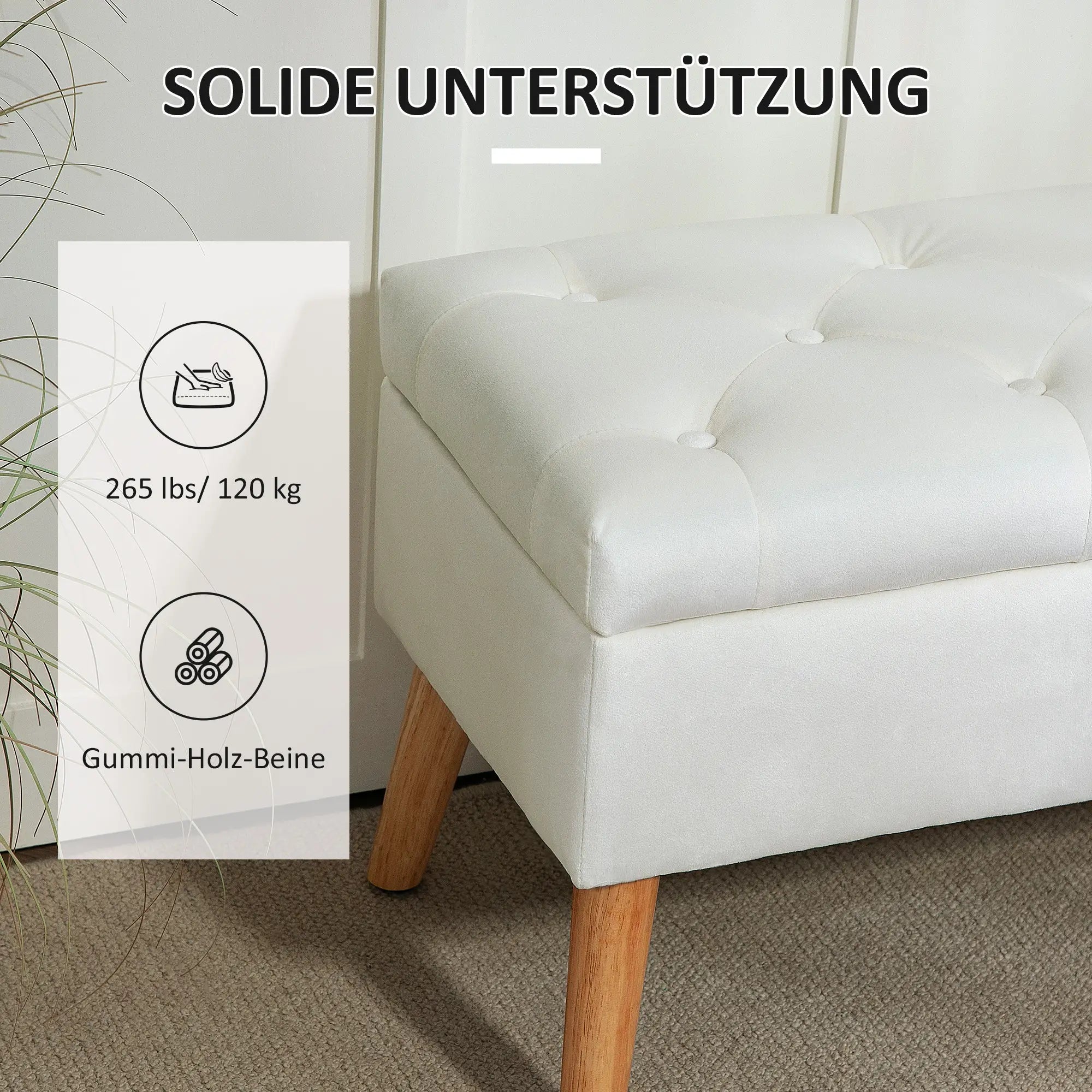 HOMCOM Polsterbank mit Stauraum, Stoffbezug in Samtoptik, Holzbeine, für Wohnzimmer, Schlafzimmer, Flur, 80 x 35 x 40 cm, Weiß