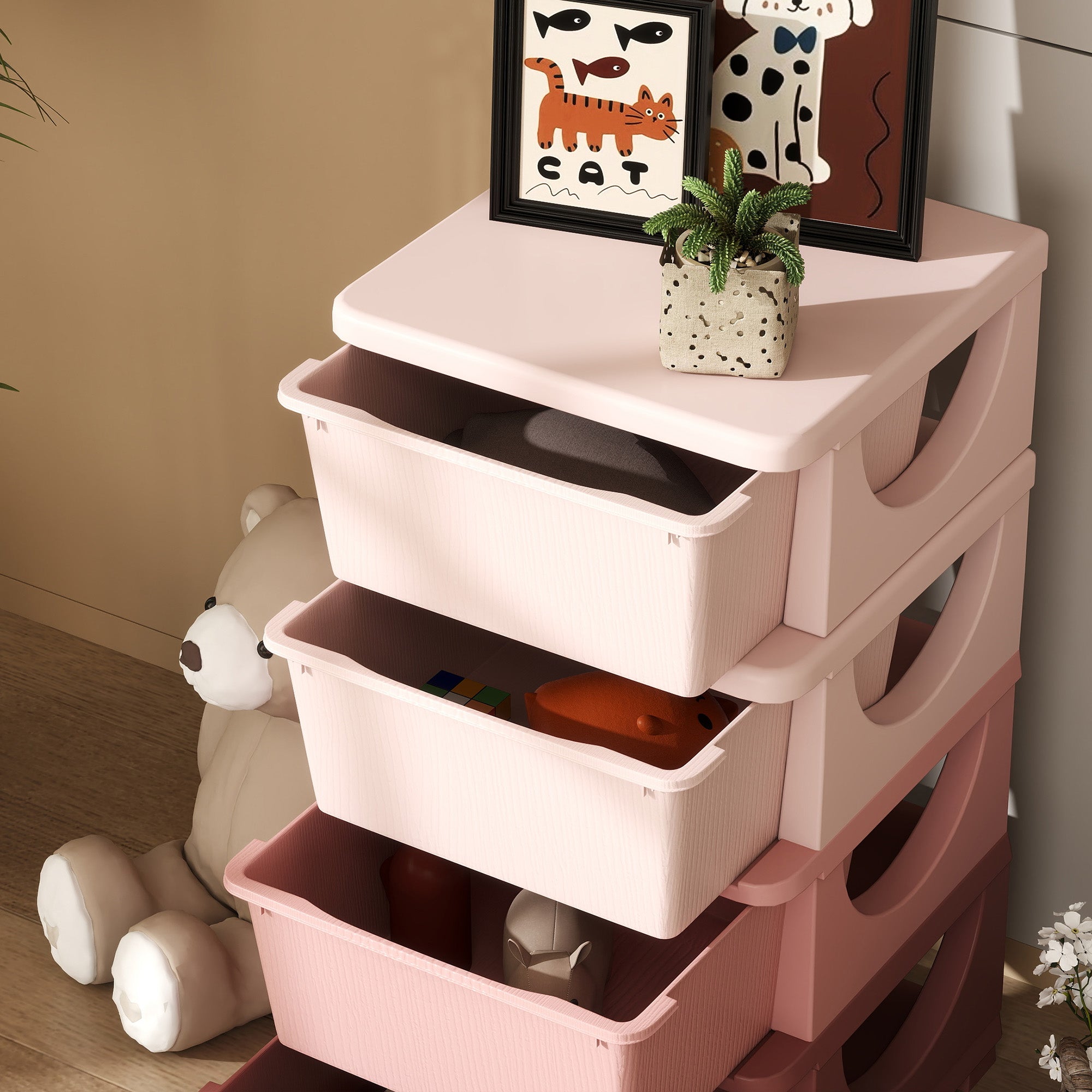 HOMCOM Aufbewahrungsboxen für Kinder, 4 Schubladen, abgerundete Kanten, erhöhtes Design, 37x37x76 cm, Rosa