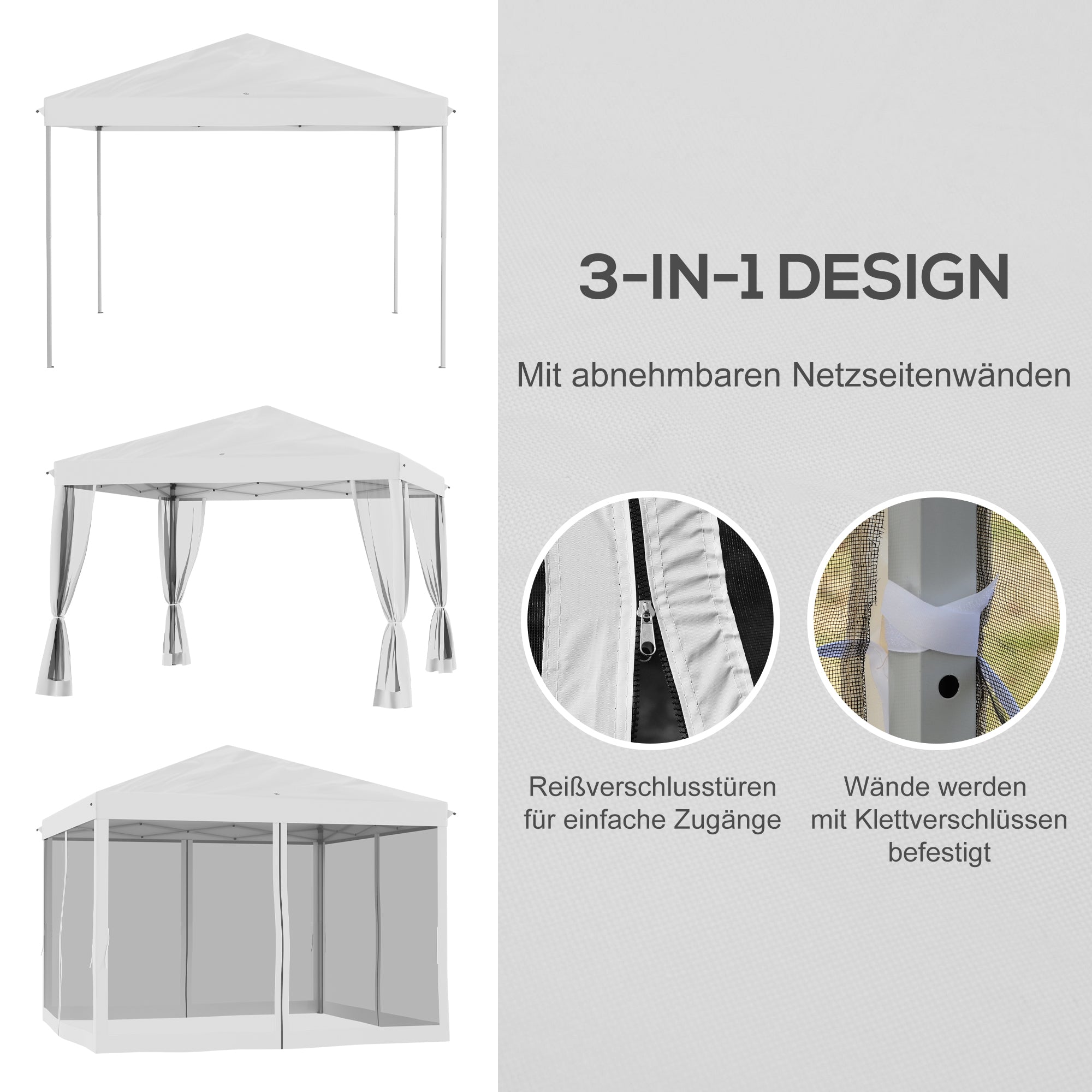 Outsunny Faltpavillon, Faltzelt mit Seitenwänden inkl. Tragetasche, Gartenpavillon, Metall, Oxfordstoff, 3 x 3 m, Cremeweiß
