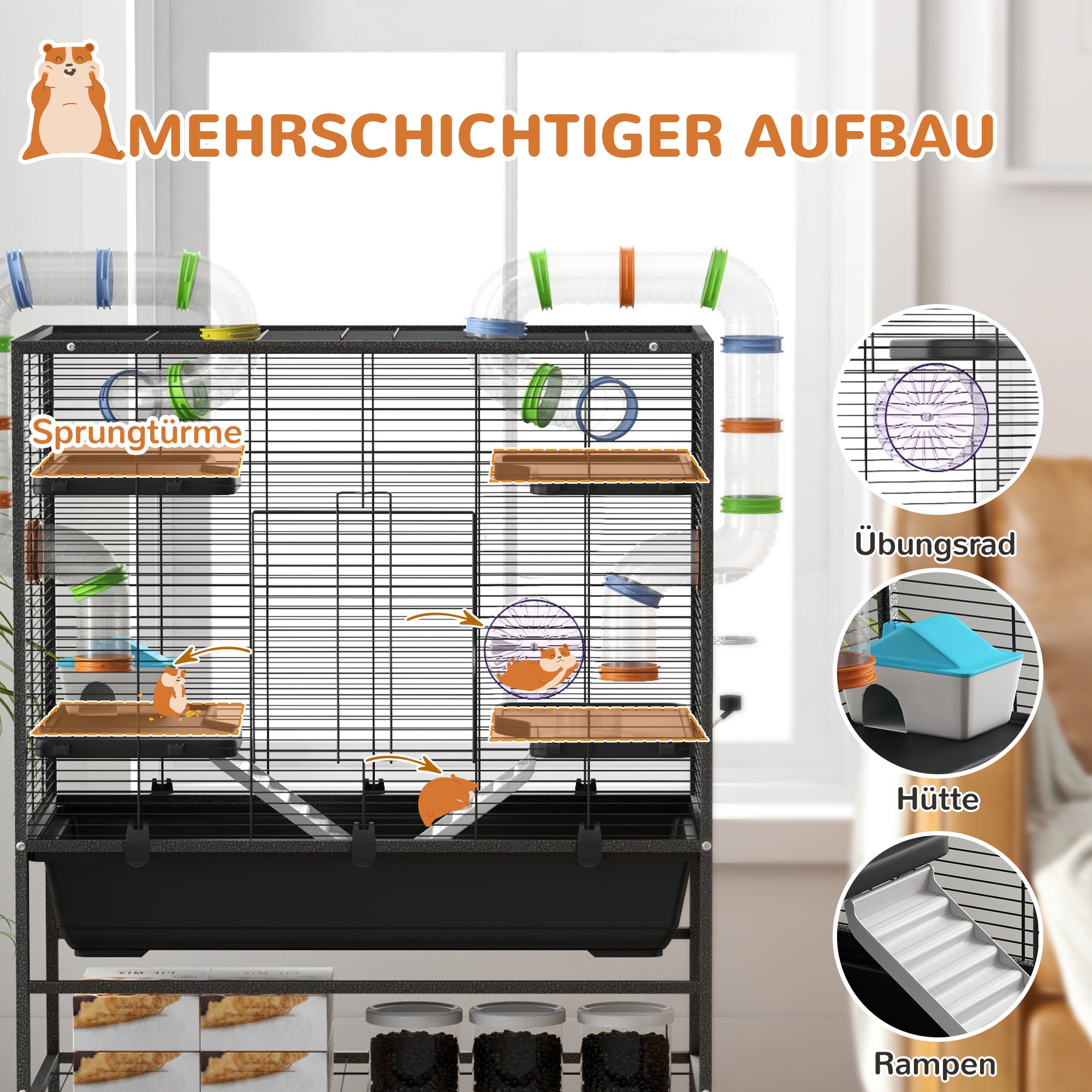 PawHut Hamsterkäfig mit Röhren, Laufrad, Häuschen, Wasserspender, 109 x 82 x 46 cm, Schwarz
