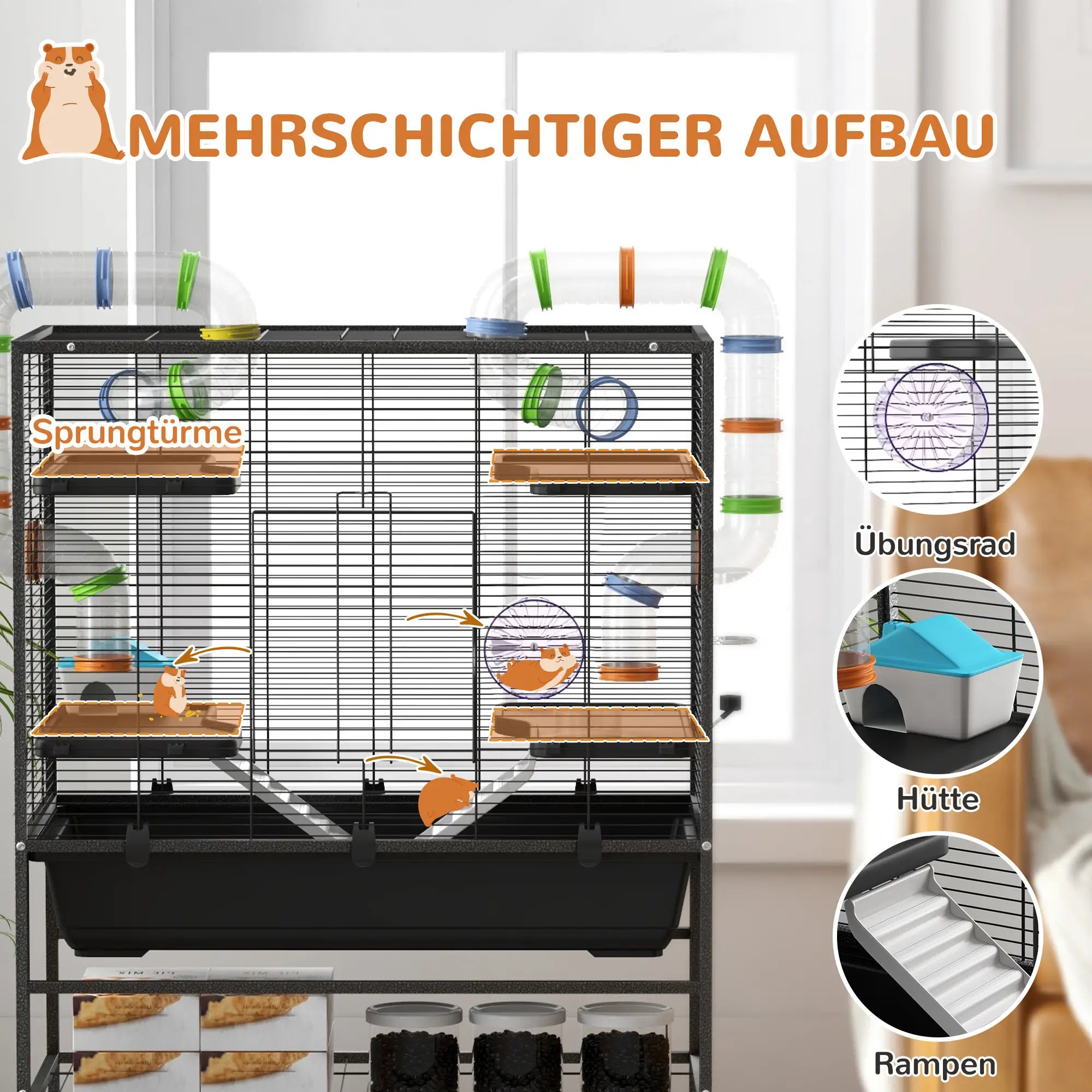 PawHut Hamsterkäfig Nagerkäfig mit Röhren Laufrad Rollen Ablage