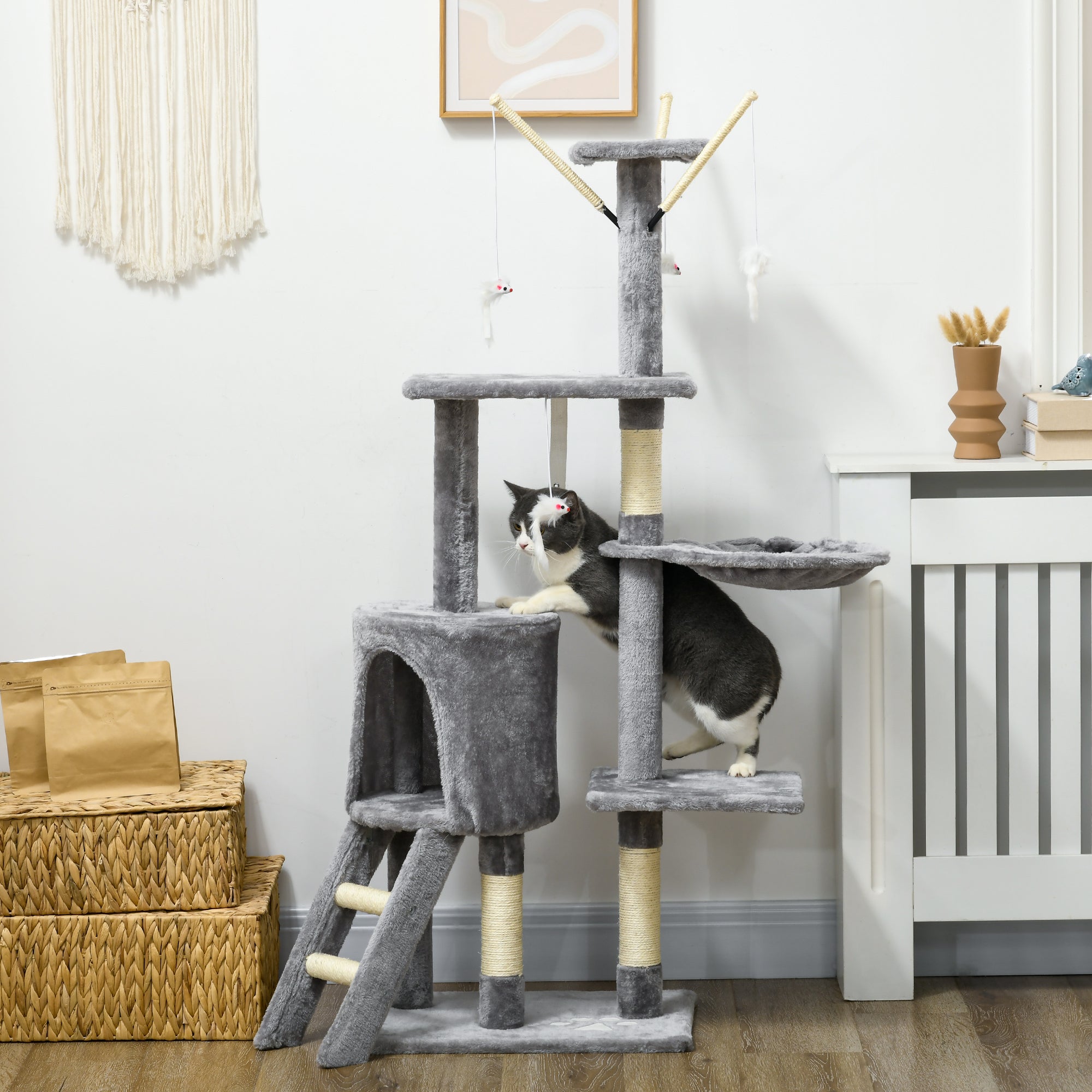 PawHut Katzenbaum, Kratzbaum, Katzenkratzbaum, Treppe, Spielzeug, 50 x 35 x 134,2 cm, Grau