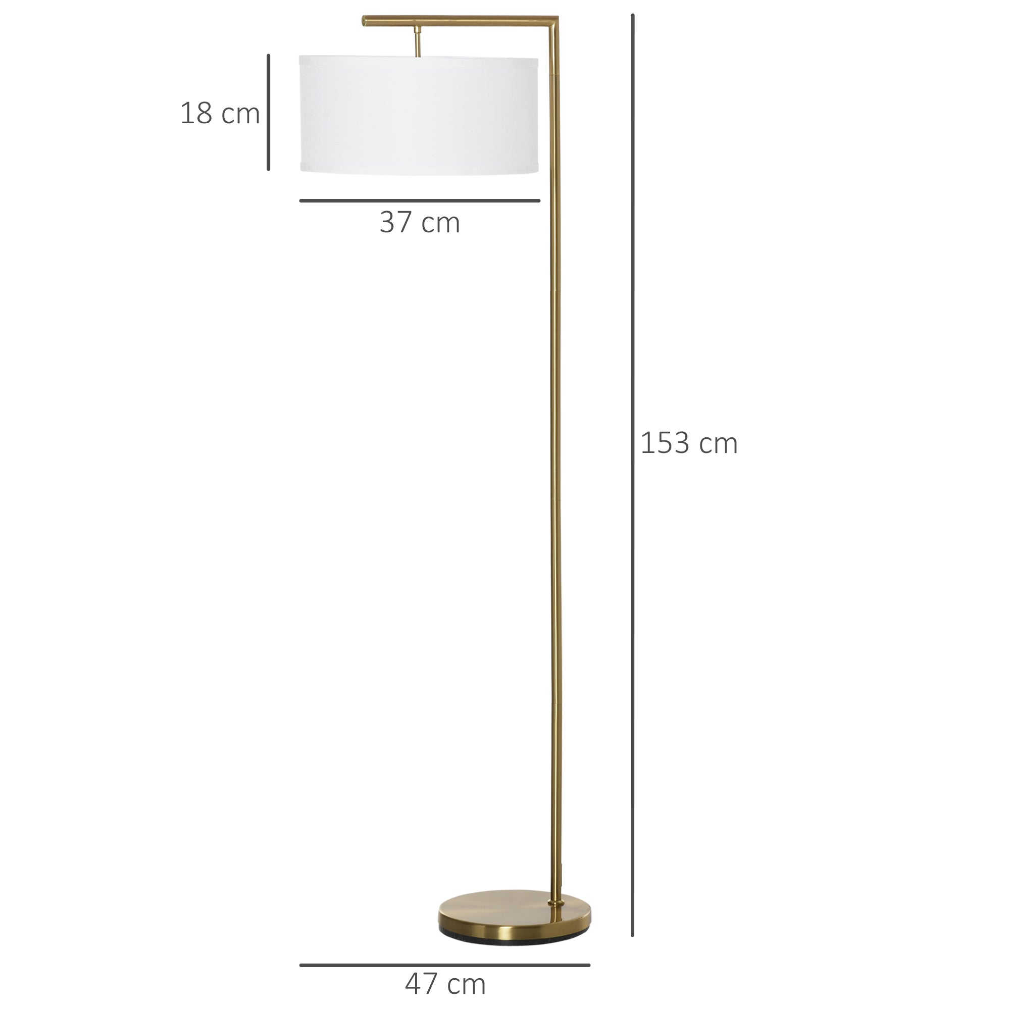 HOMCOM Stehleuchte, Stehlampe, E27 Sockel, Goldoptik, weißer Stoffschirm, Fußschalter, Stahl, 47 x 37 x 153 cm