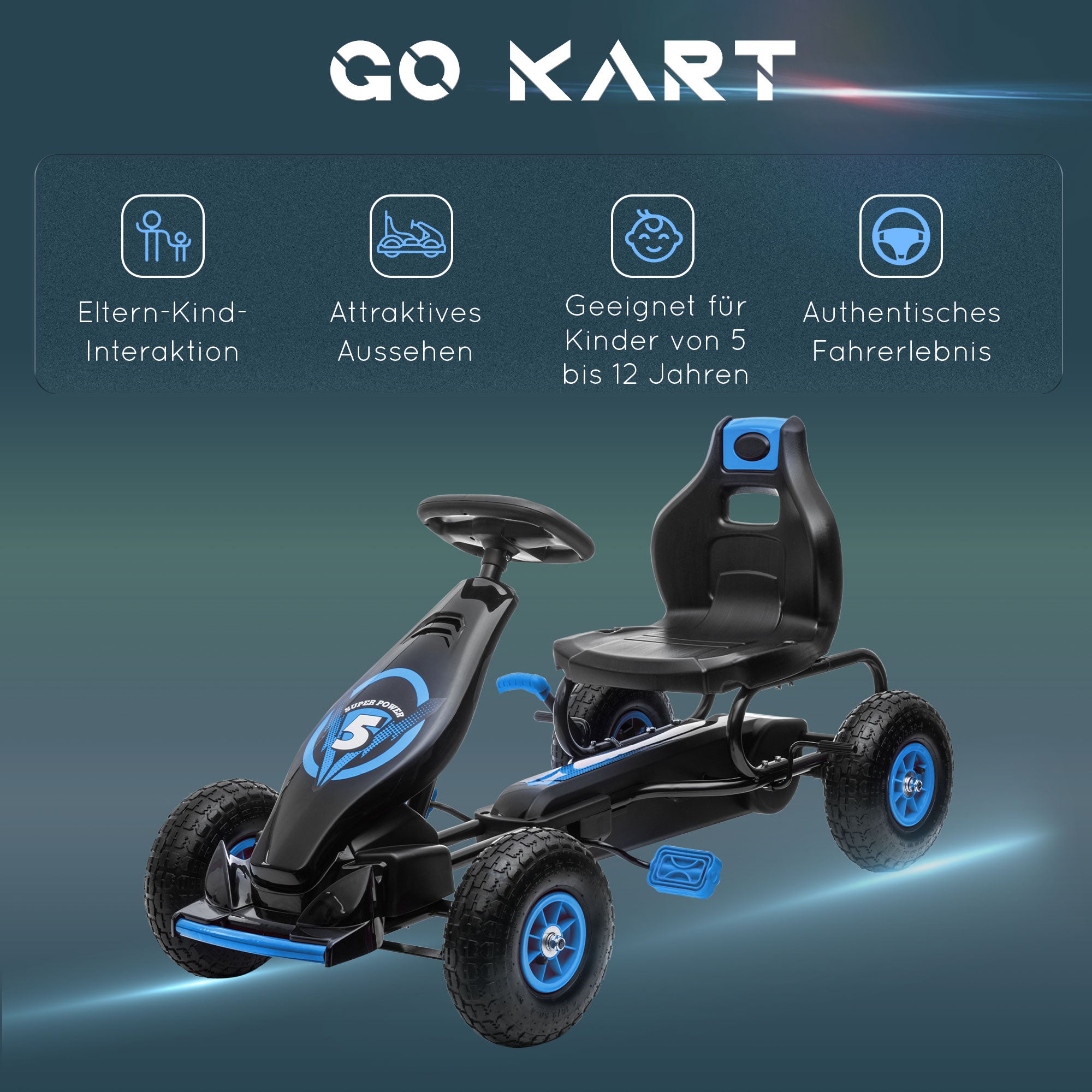 HOMCOM Kinder-Gokart, mit Pedalen, verstellbarem Sitz, In- und Outdoor, ab 5 Jahren, blau+schwarz, 121 x 58 x 61 cm