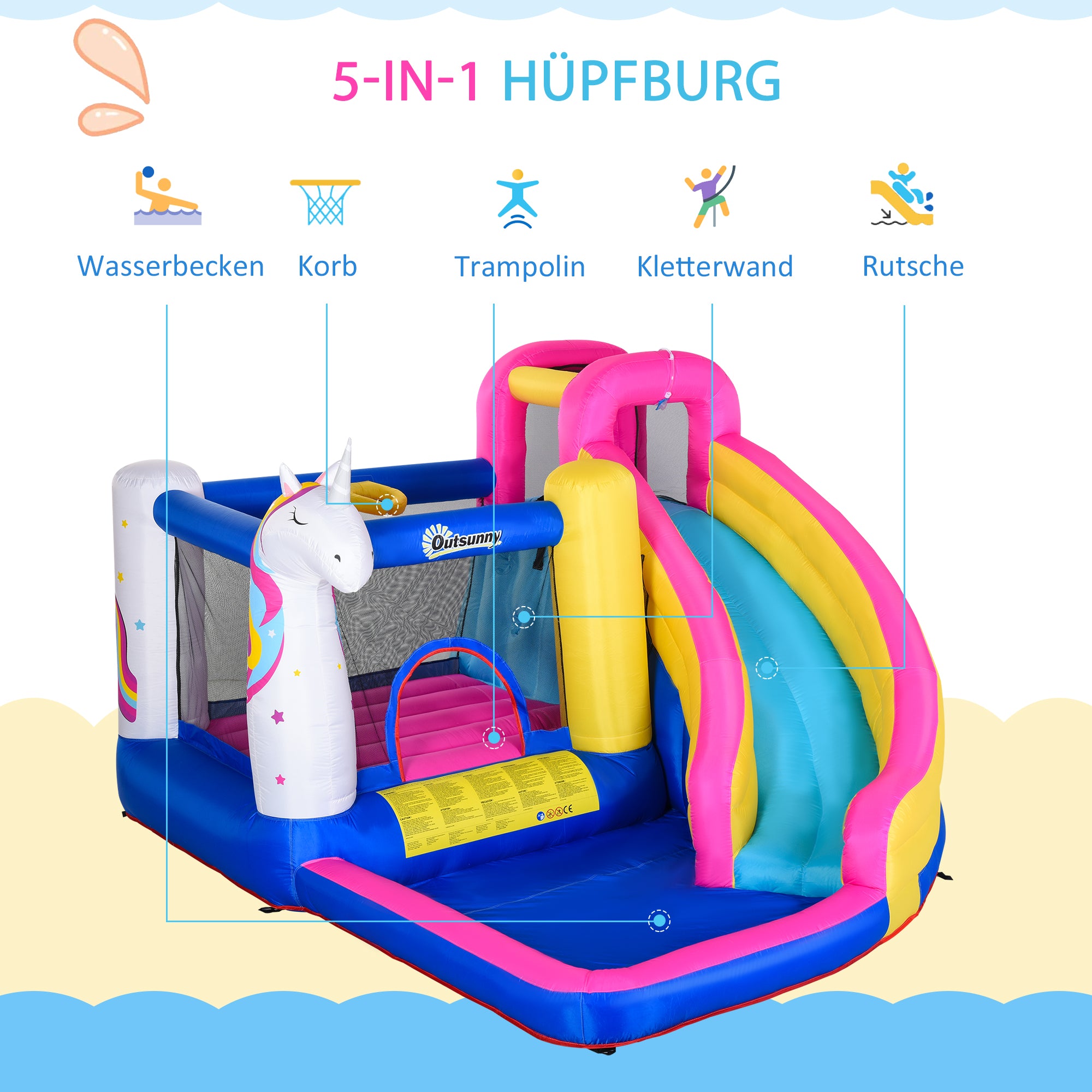Outsunny Hüpfburg im Märchendesign inkl. Gebläse, Rutsche, Wasserbecken u. Basketballkorb 360 x 305 x 210 cm
