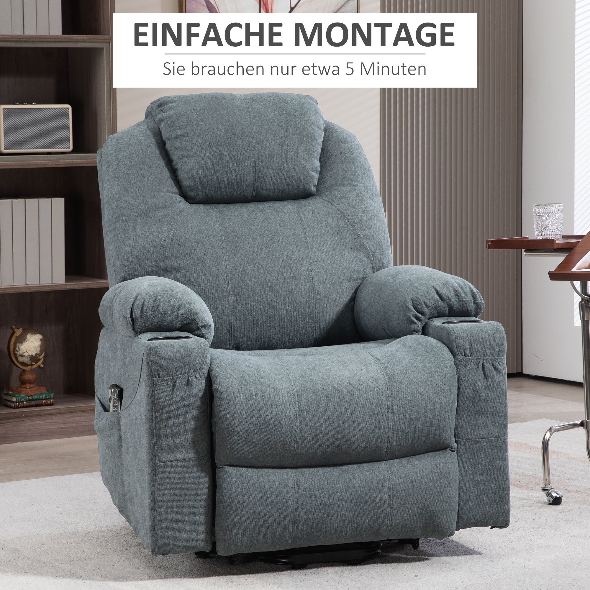 HOMCOM Massagesessel  Aufstehhilfe Seniorensessel, 8 Massagepunkte, Seitentaschen, Fernbedienung, 90L x 101B x 107 cm, Grau
