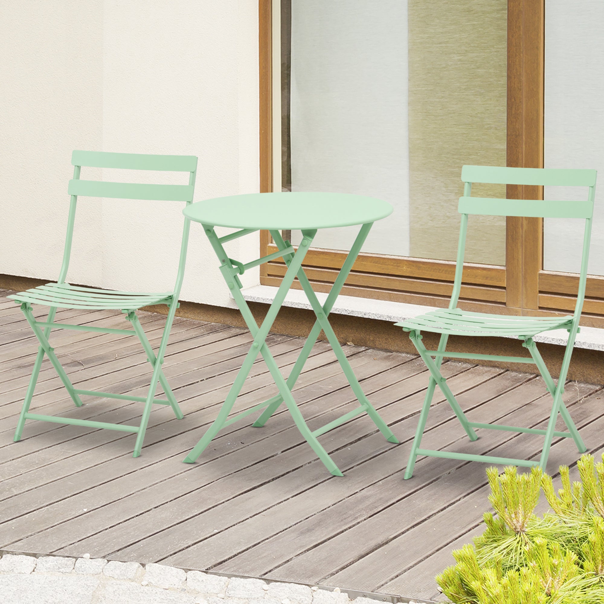 Outsunny Gartenset für 2 Personen Garnitur Balkonmöbel Set Bistrotisch mit 2 Stühlen  für Hof Garten klappbar Grün