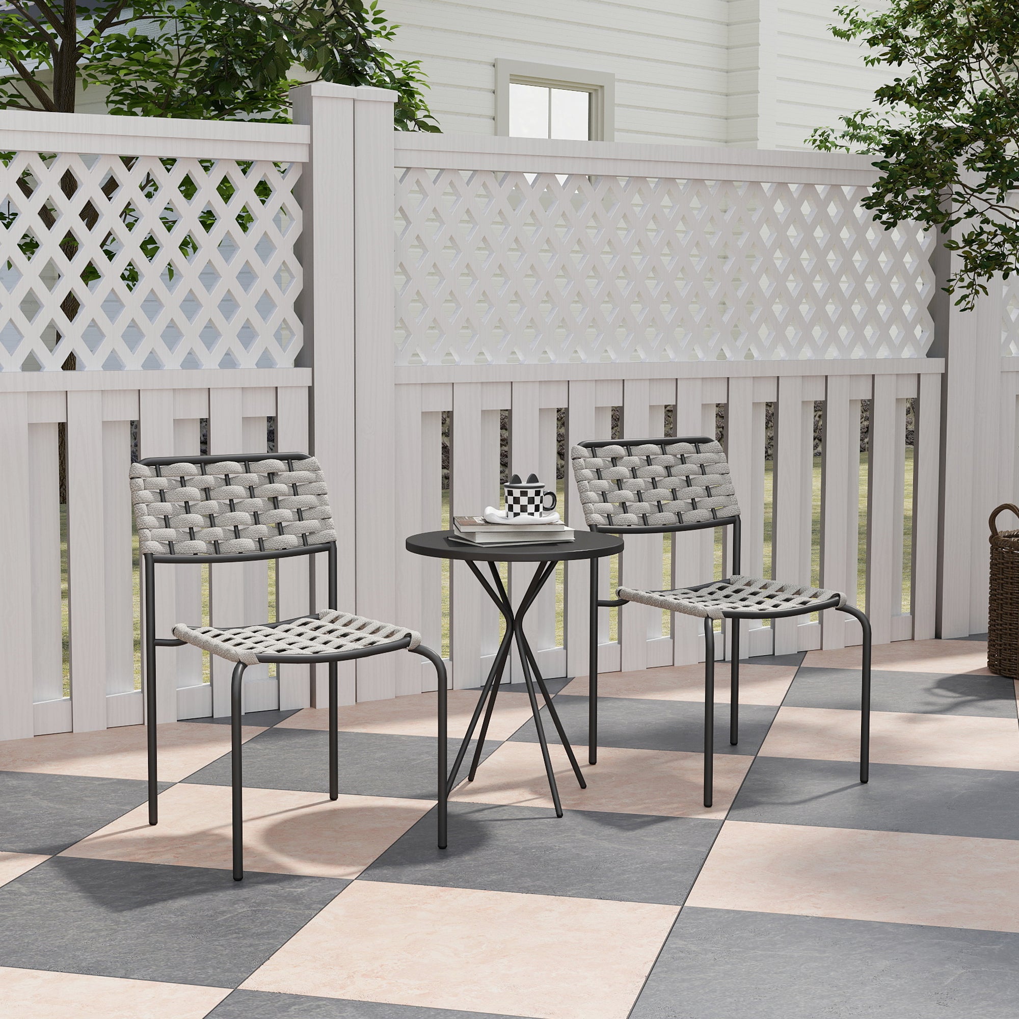 Outsunny Polyrattan Gartenmöbel Set, Outdoor Lounge Balkonmöbel für 2 Personen, 3-teilig 2 Stühle, Tisch Grau