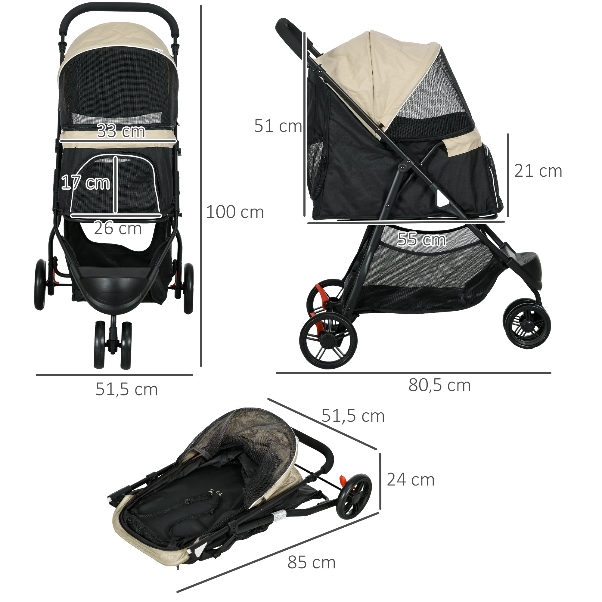 PawHut Haustierbuggy Hundebuggy, klappbar, mit Regenschutz, 2 Getränkehalter, Blau +  Khaki