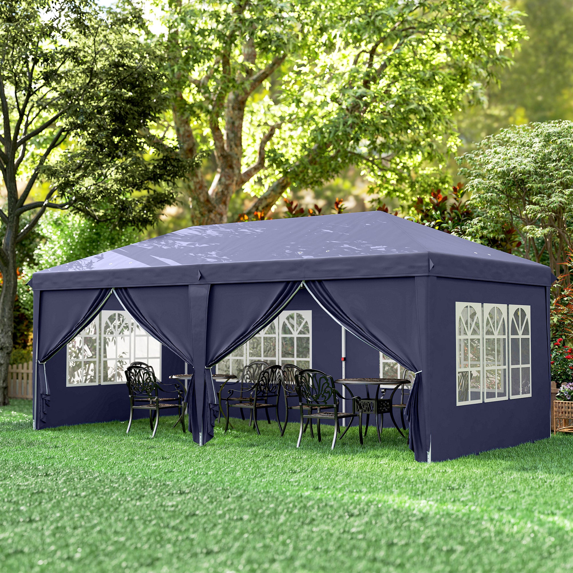 Outsunny Faltpavillon 6 x 3 m, abnehmbare Seitenwände, große Fenster, Reißverschlusstüren, Stahlrahmen, Blau