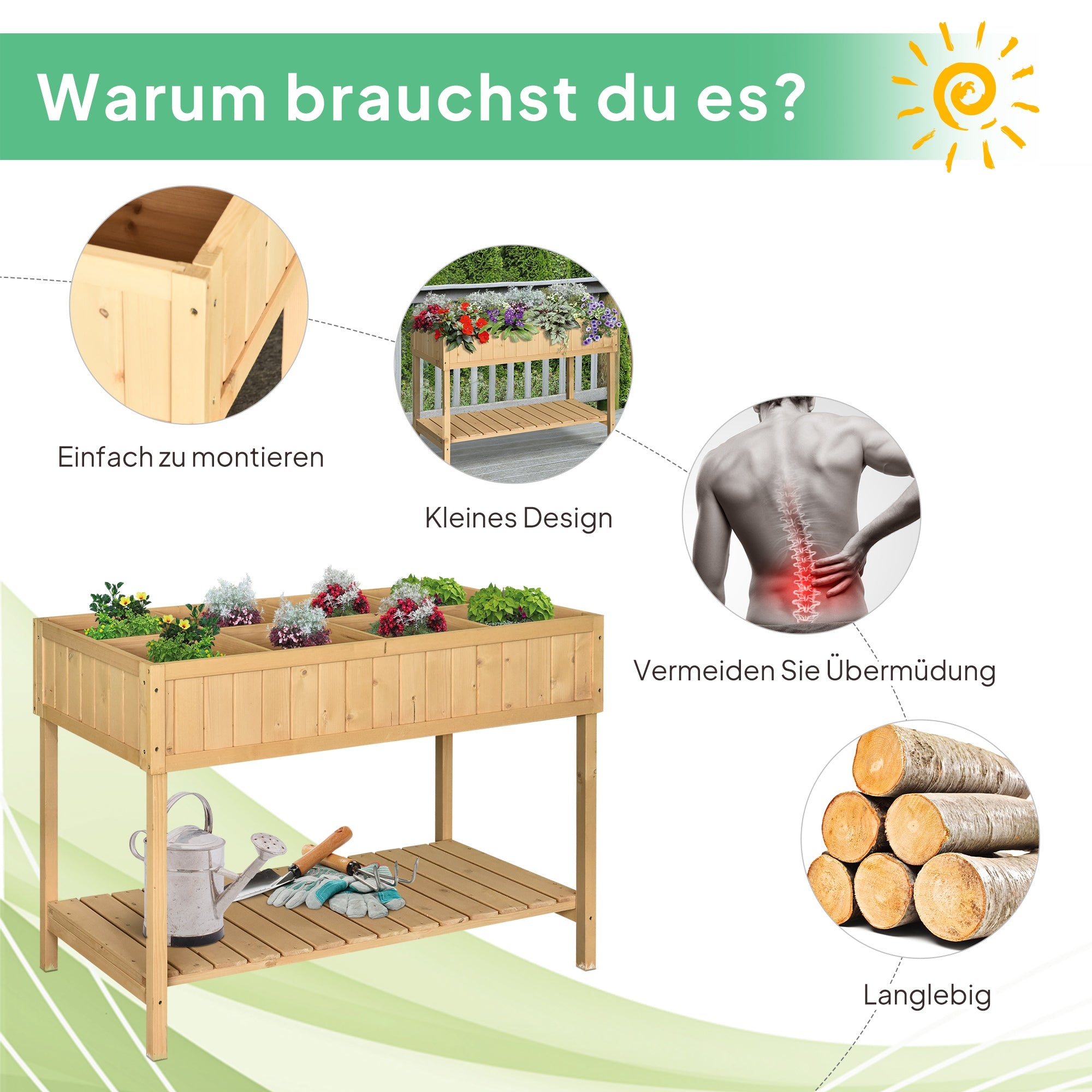 Outsunny Hochbeet 8 Fächer Pflanztisch Blumenkasten Tannenholz 1 Ablage + Abfluss