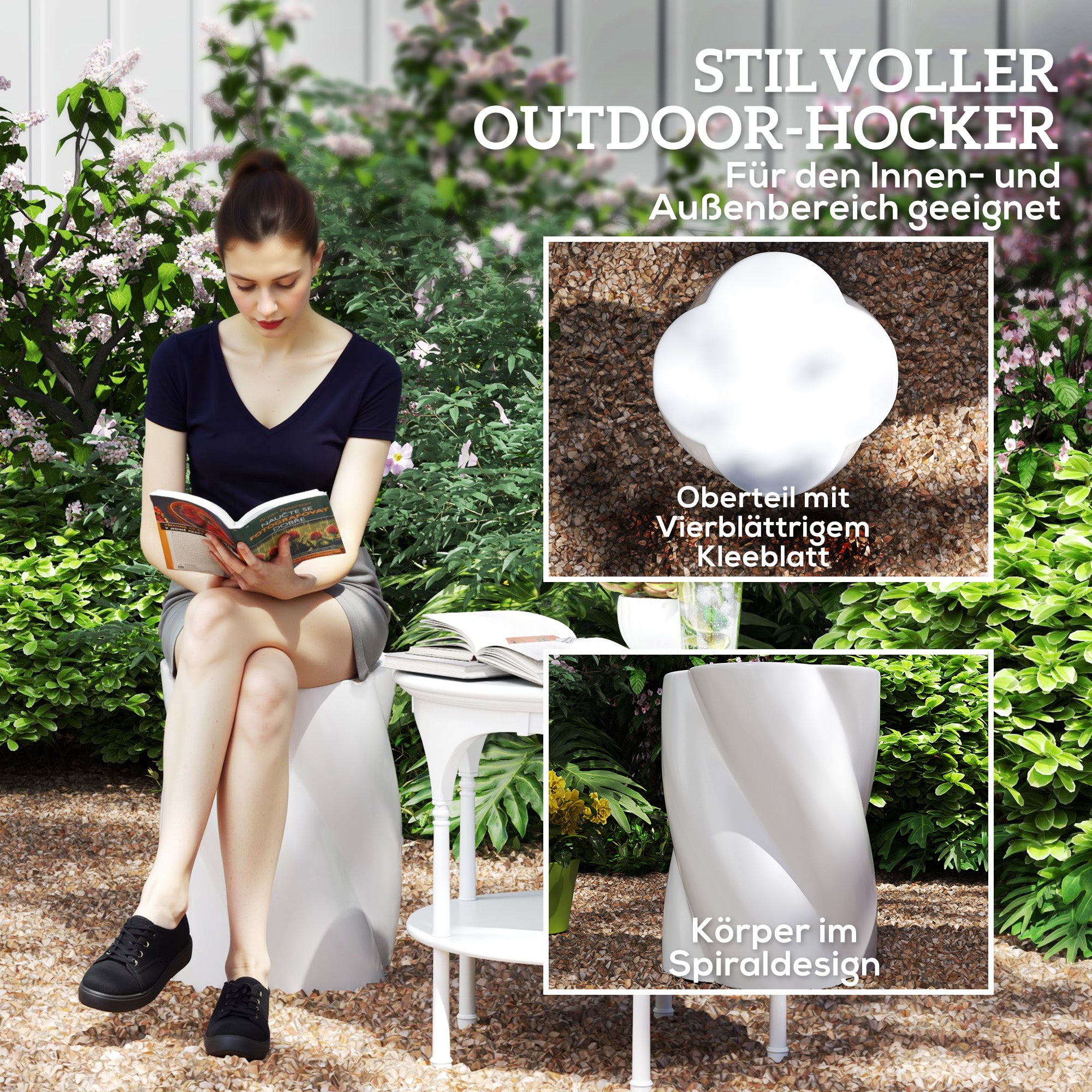 Outsunny Sitzhocker aus Keramik in Spiralform 120kg belastbar Ø33 x 45 cm Wetterfest Garten Hocker mit Deckel Weiß