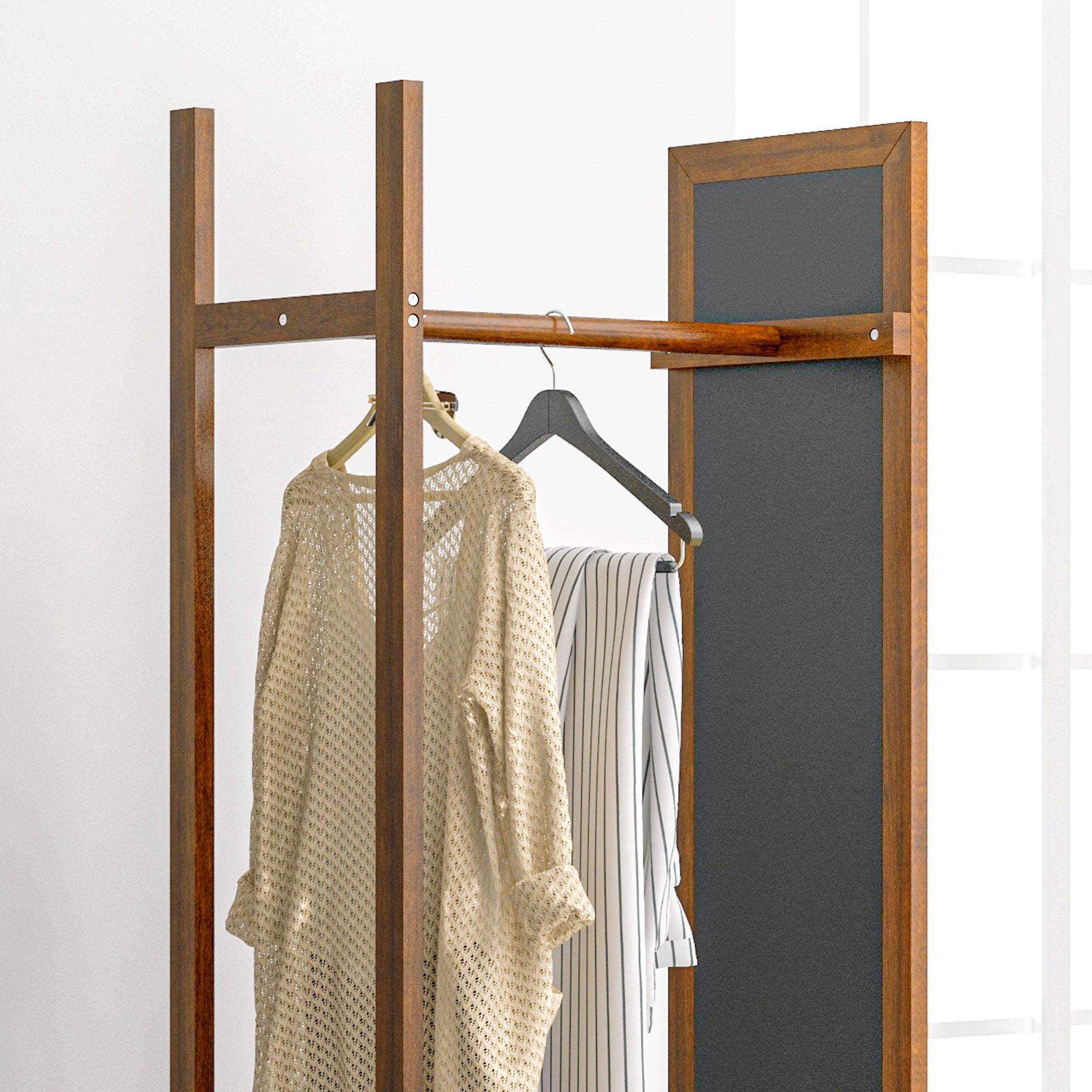 HOMCOM 2-in-1-Spiegel Spiegel Ganzkörperspiegel Garderobe, 1 Kleiderstange, 3 Regale, 35,8 x 59,8 x 170 cm, Natur