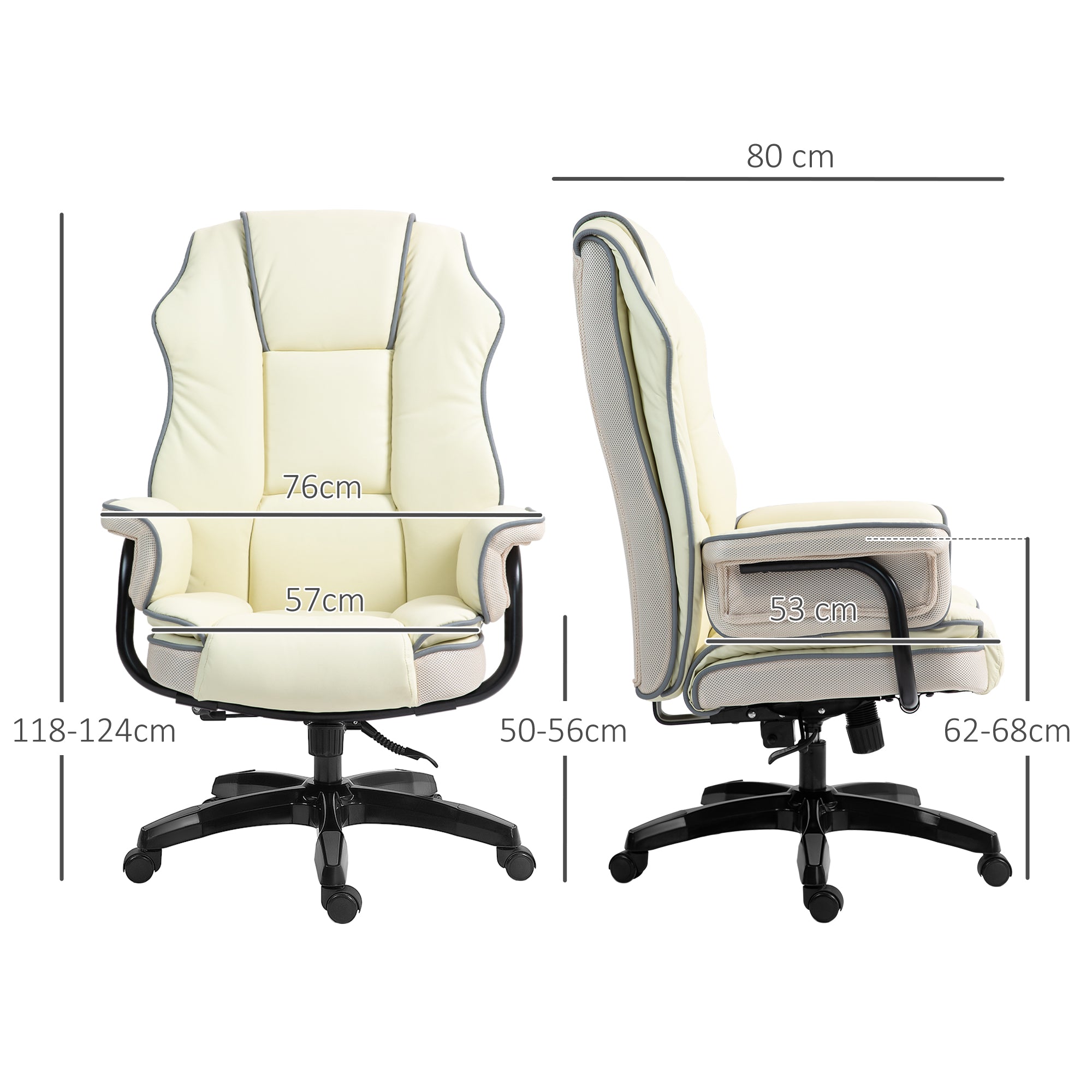 Vinsetto Ergonomischer Bürostuhl, extra gepolstert, Liegefunktion, Kunstleder, 76x80x118-124 cm, Creme