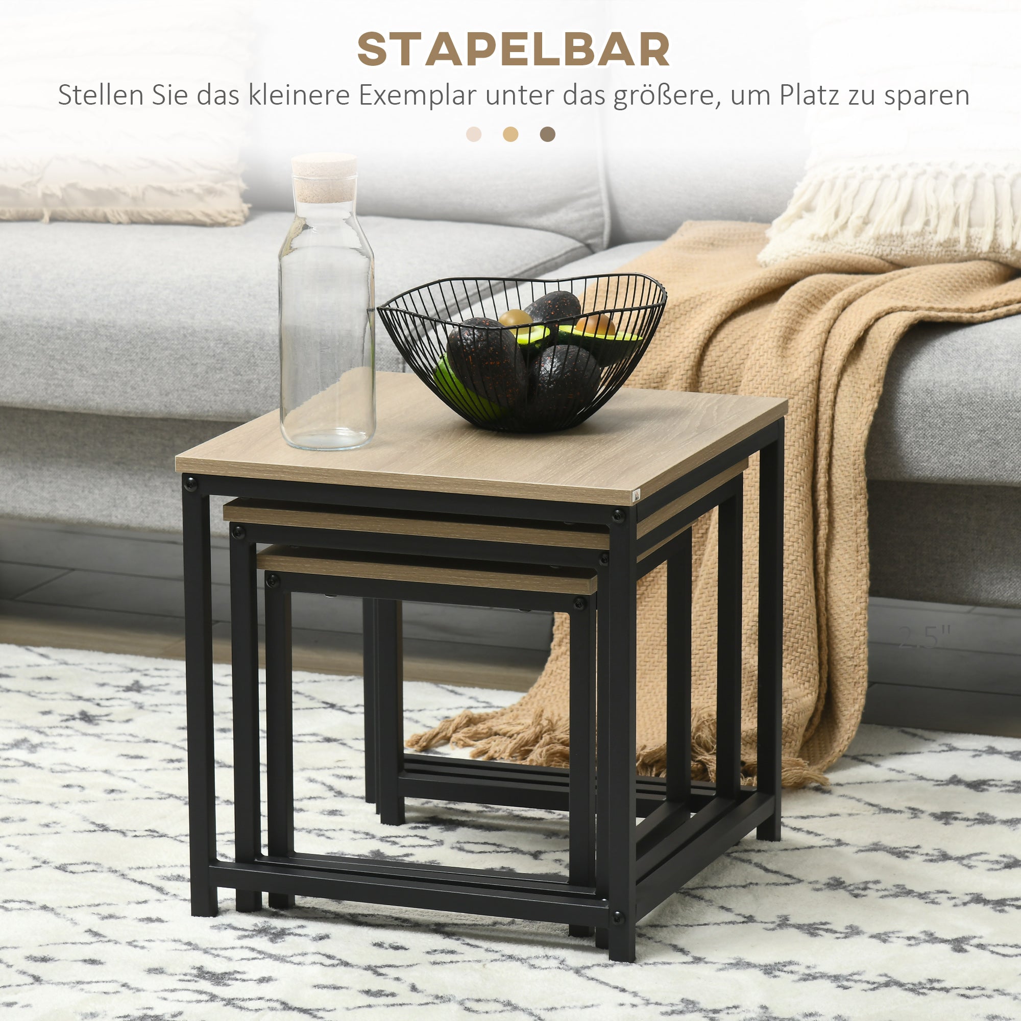 HOMCOM Satztisch-Set aus 3 Beistelltischen, Industrial Design, schwarzer Stahlrahmen, Tischplatte in Holzoptik
