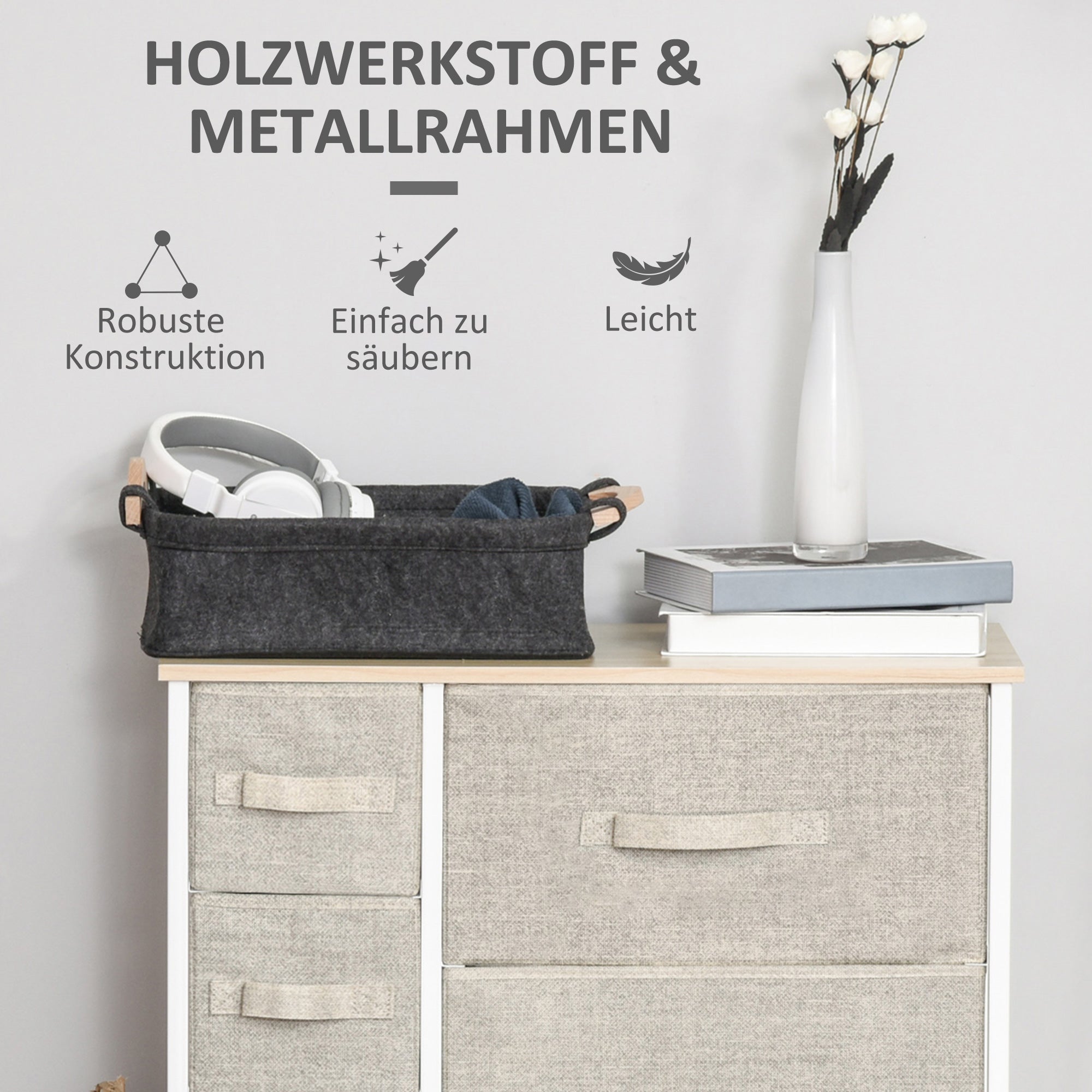 HOMCOM Kommode, Sideboard, 7 faltbare Stoffschubladen, Metallgestell, 63,5 x 30 x 71 cm, Hellgrau