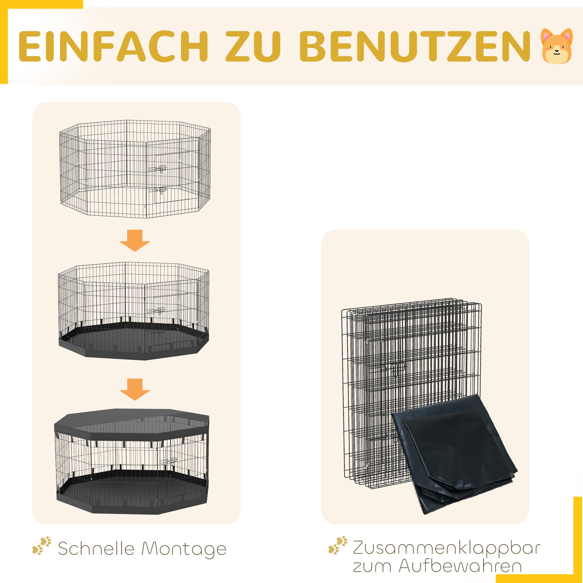 PawHut Welpenauslauf, 76 cm hoch/ca. 2,5 m², 8 Paneele, Bodenplane, Kombi-Dachplane
