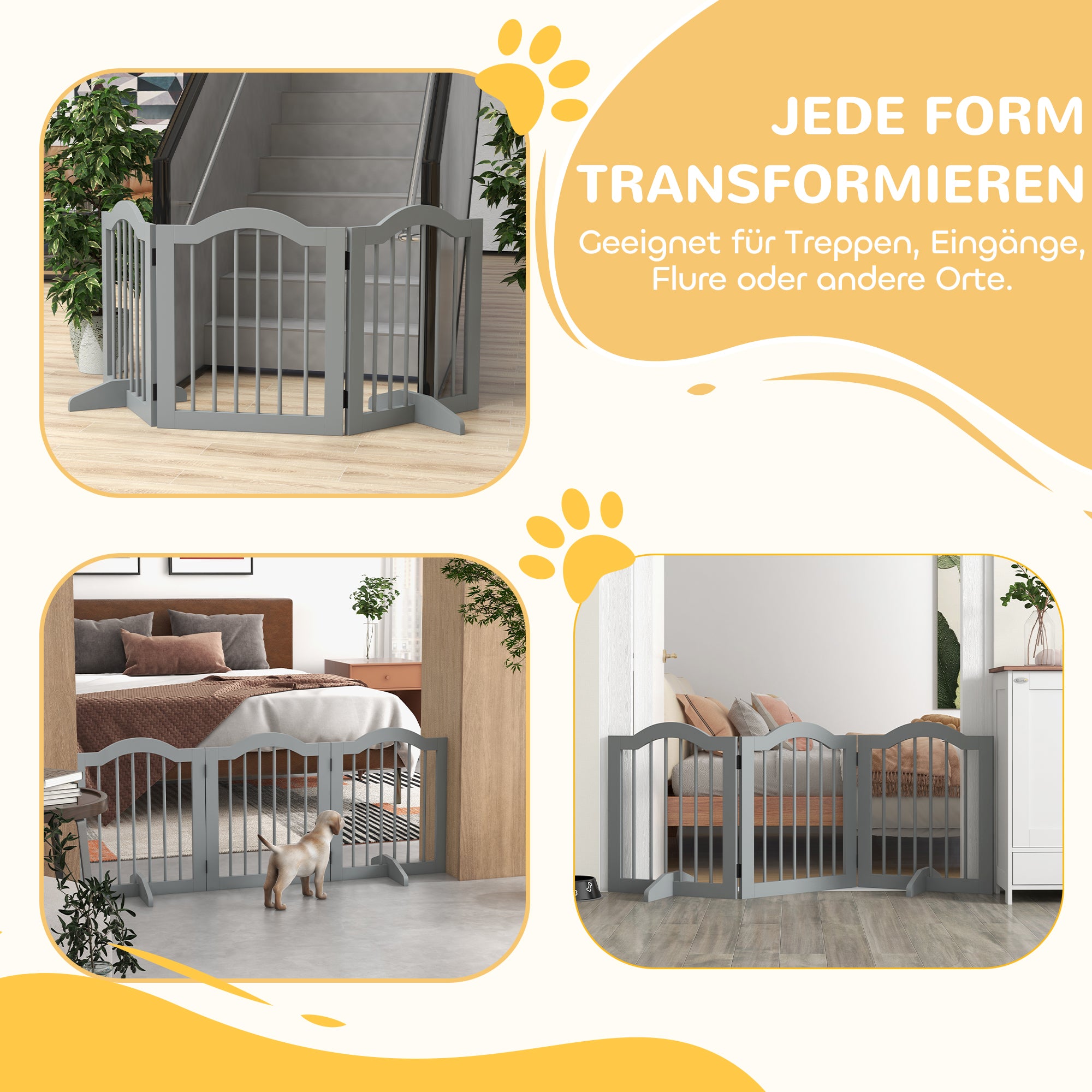 PawHut Absperrgitter Hund 3-teilig, 154,5 x 61 cm Faltbar Hundegitter mit Tür, 2 Stützfüßen Hellgrau