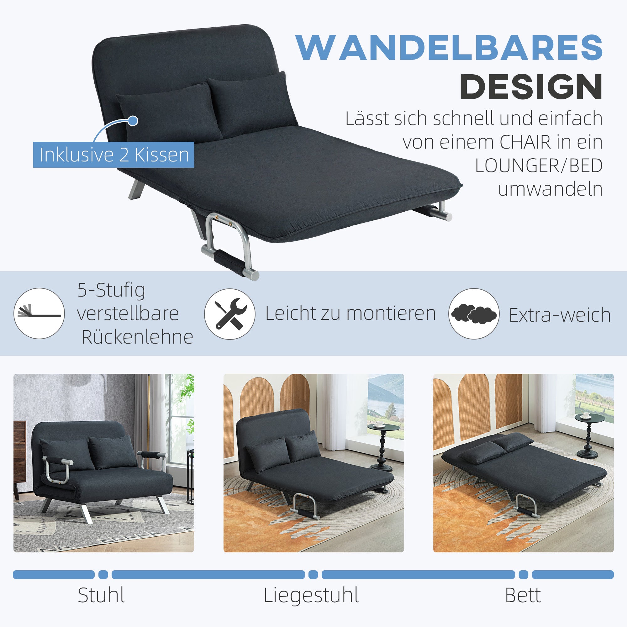 HOMCOM Schlafsofa, 5-fach verstellbar, Wildlederimitat, Stahlrahmen, inkl. Kissen, Schwarz