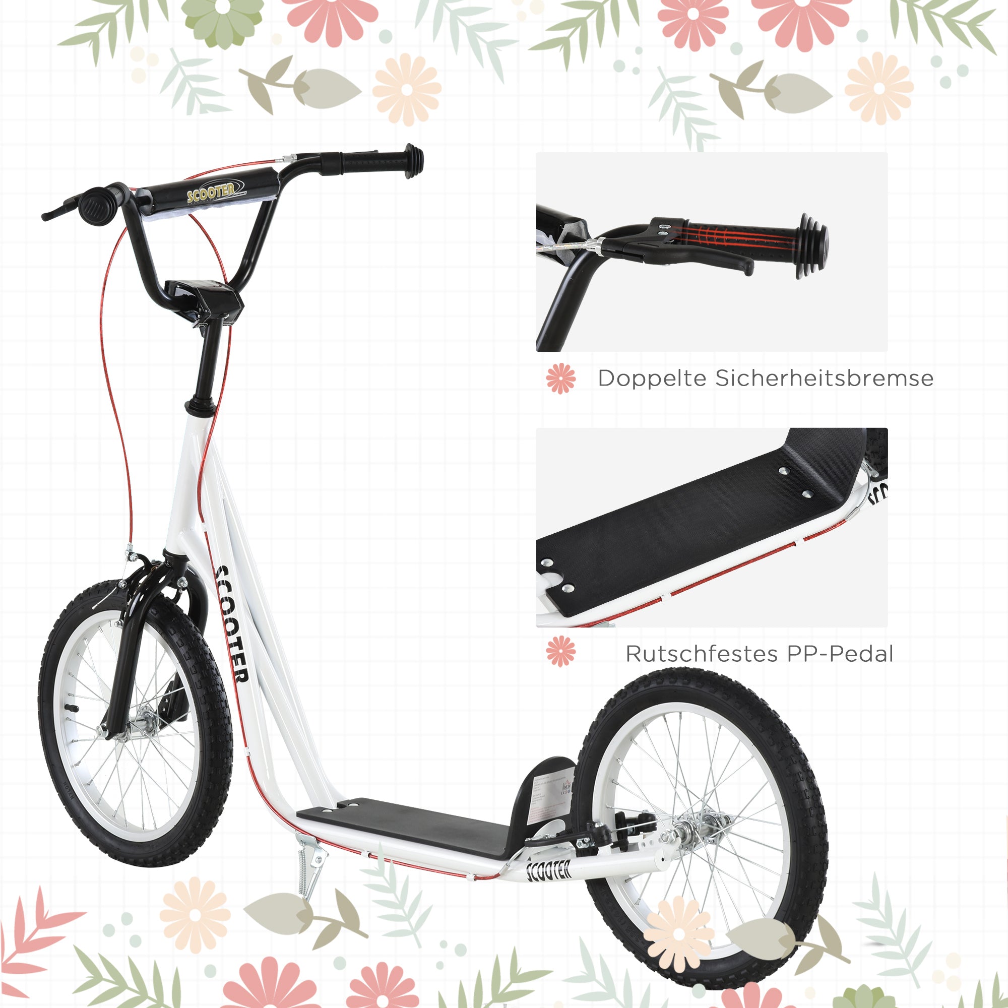 HOMCOM Kinderroller Scooter Tretroller Cityroller Kickscooter Roller Kinder Kickboard mit Luftreifen und Handbremse Scooter Kinder Wasserfest Faltbar ab 5 Jahre 16 Zoll Weiß 139 x 58 x 90-96 cm
