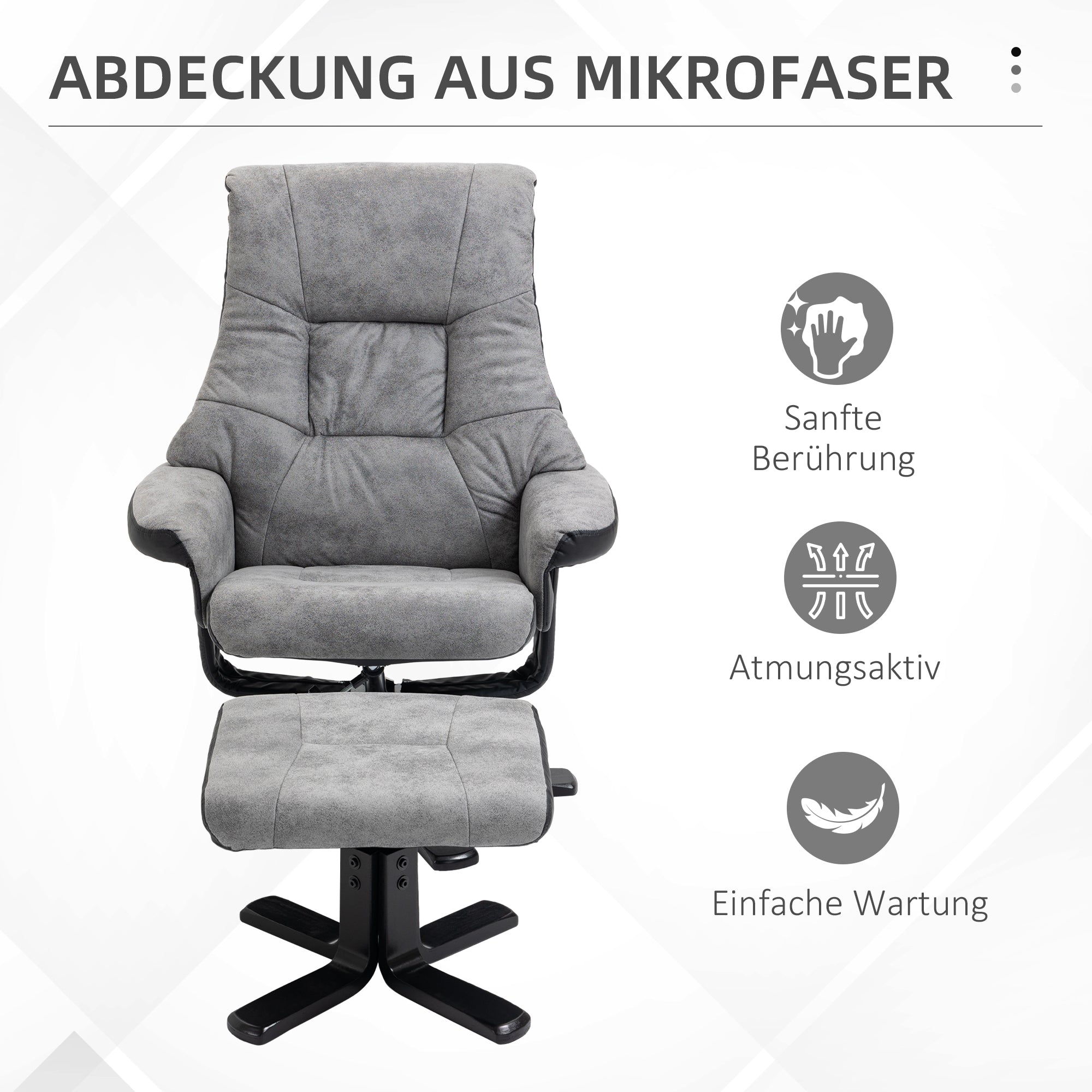 HOMCOM Relaxsessel mit Hocker, 360° drehbar, 135° neigbar, atmungsaktiver Bezug, 78 x 82,5 x 109 cm, grau