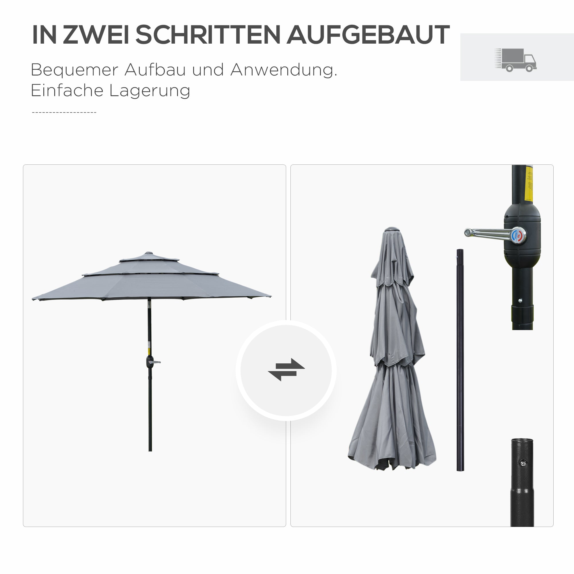 Outsunny 2,6 m Sonnenschirm mit 3-stufigem Dach Handkurbel Terrassenschirm drehbar Marktschirm 8 Rippen Gartenschirm mit Sonnenschutz Stahl Polyester Dunkelgrau